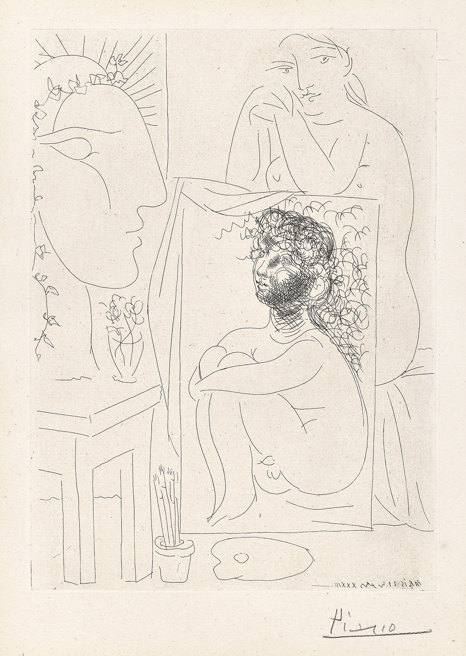 Pablo Picasso — Modèle accoudé sur un tableau (Model Leaning on a Table), plate 43 from La Suite Vollard (Bl. 151, Ba. 303)
