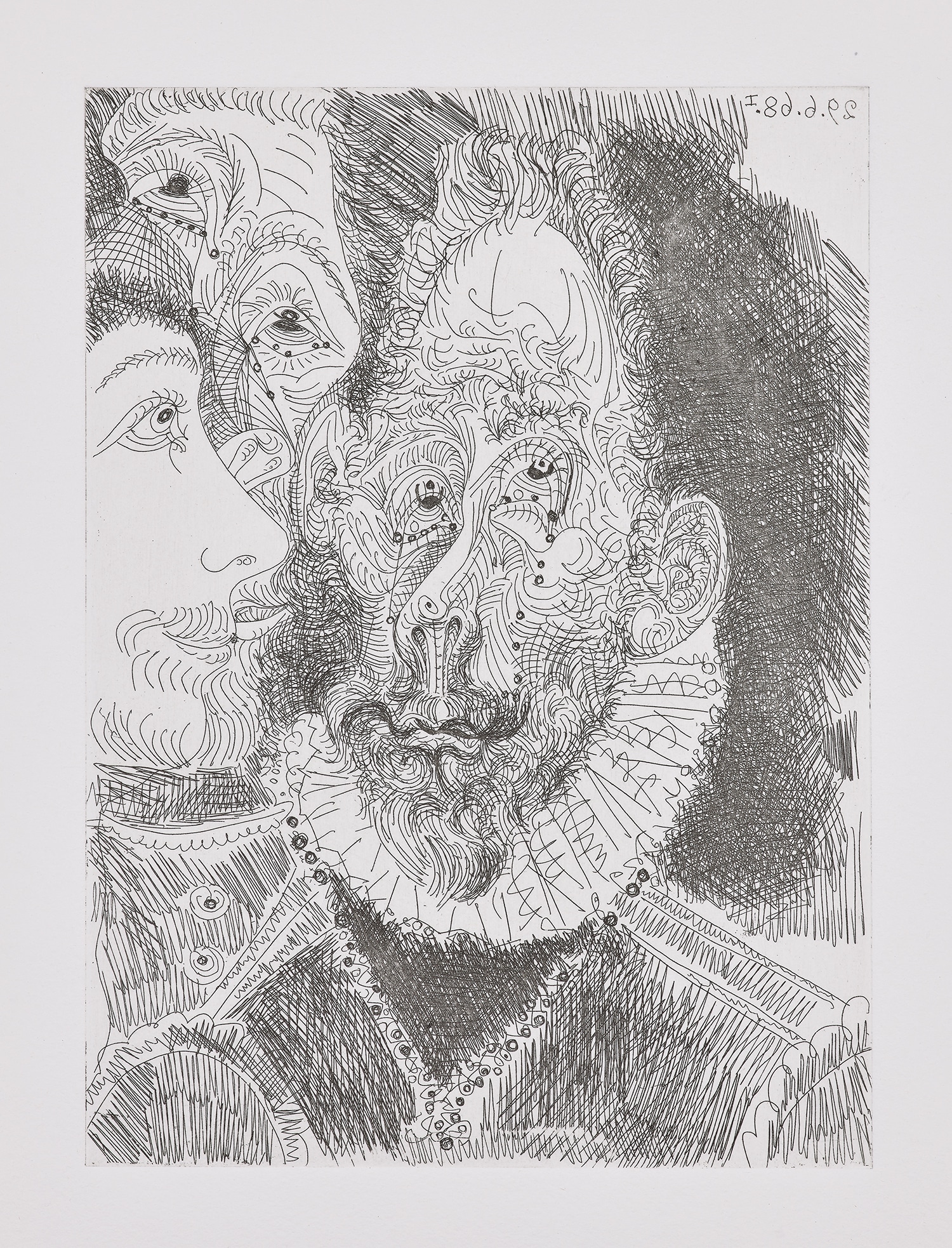 Pablo Picasso — Portrait-Charge d'un des personnages de l'enterrement du Comte d'Orgaz, en Larmes (Character Portrait of one of the Characters at the Funeral of the Count of Orgaz, in Tears), plate 194 from 347 Series (Bl. 1674, Ba. 1690)