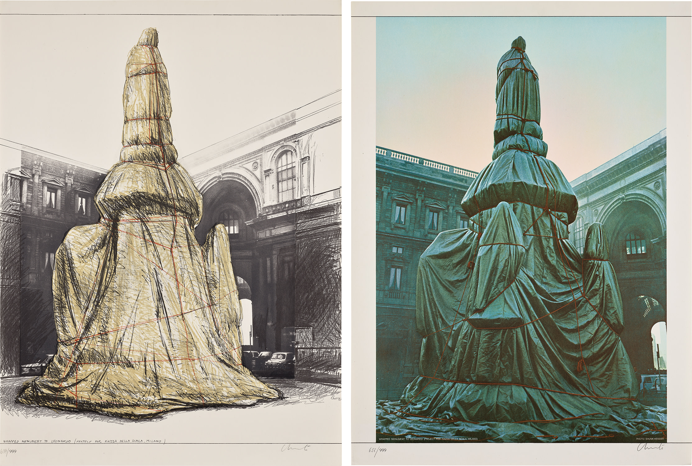Christo — Wrapped Monument to Leonardo, Project for Piazza della Scala, Milan: two prints (S. 41-42)