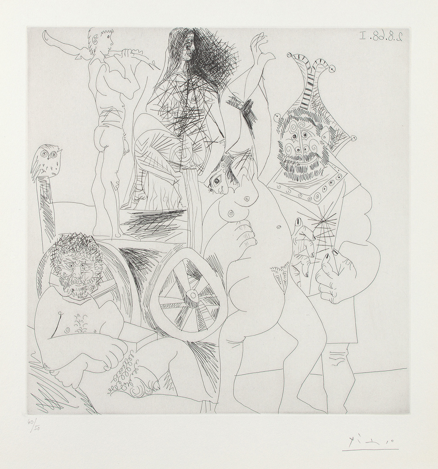 Pablo Picasso — Halte de comédiens ambulants, avec hibou, et bouffon enlaçant une femme, (Traveling Actors Take a Break with Owl, and Jester Embracing a Woman), from 347 Series