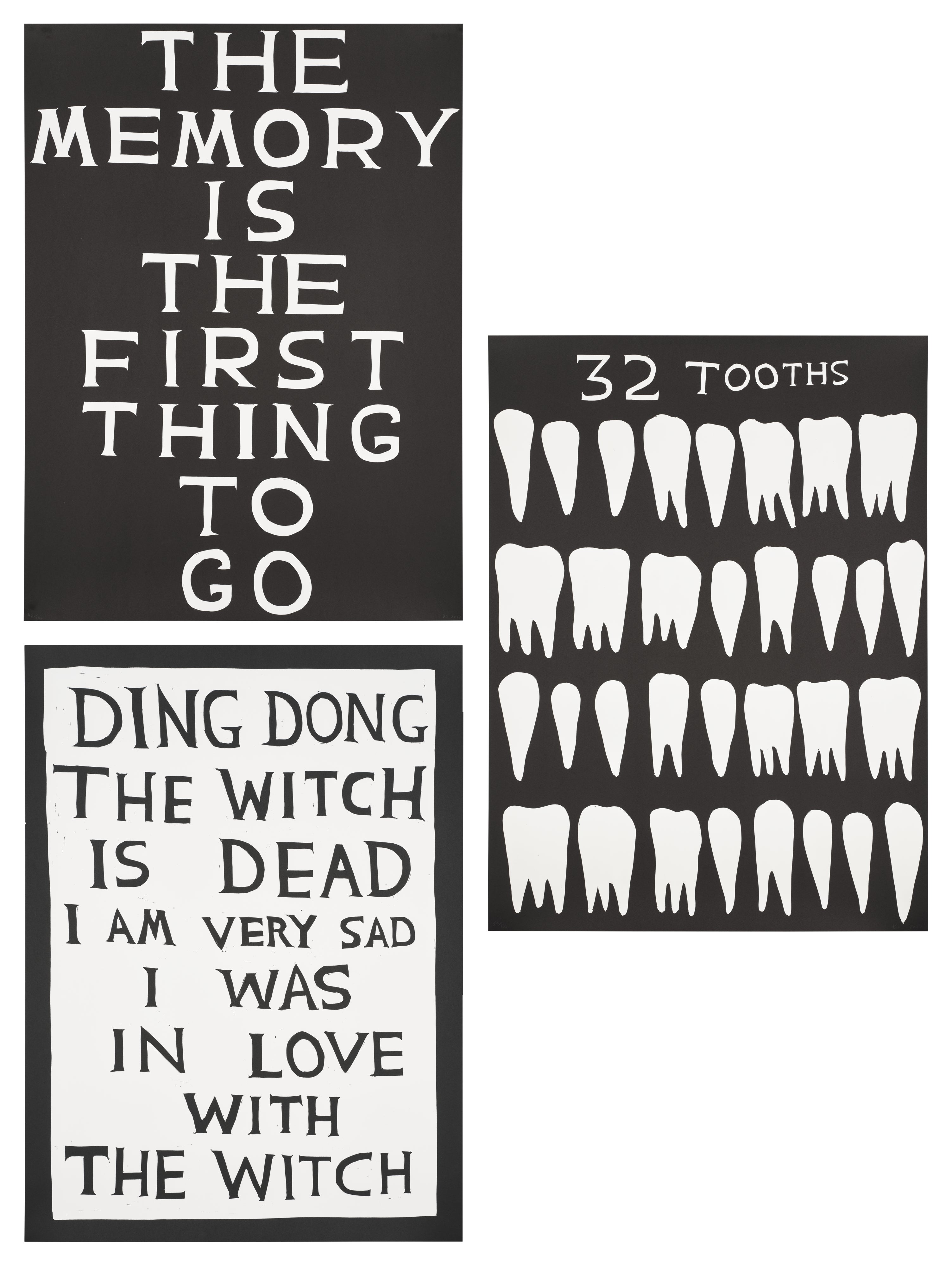 David Shrigley — The Memory Is The First Thing To Go; 32 Tooths; and Ding Dong The Witch Is Dead
