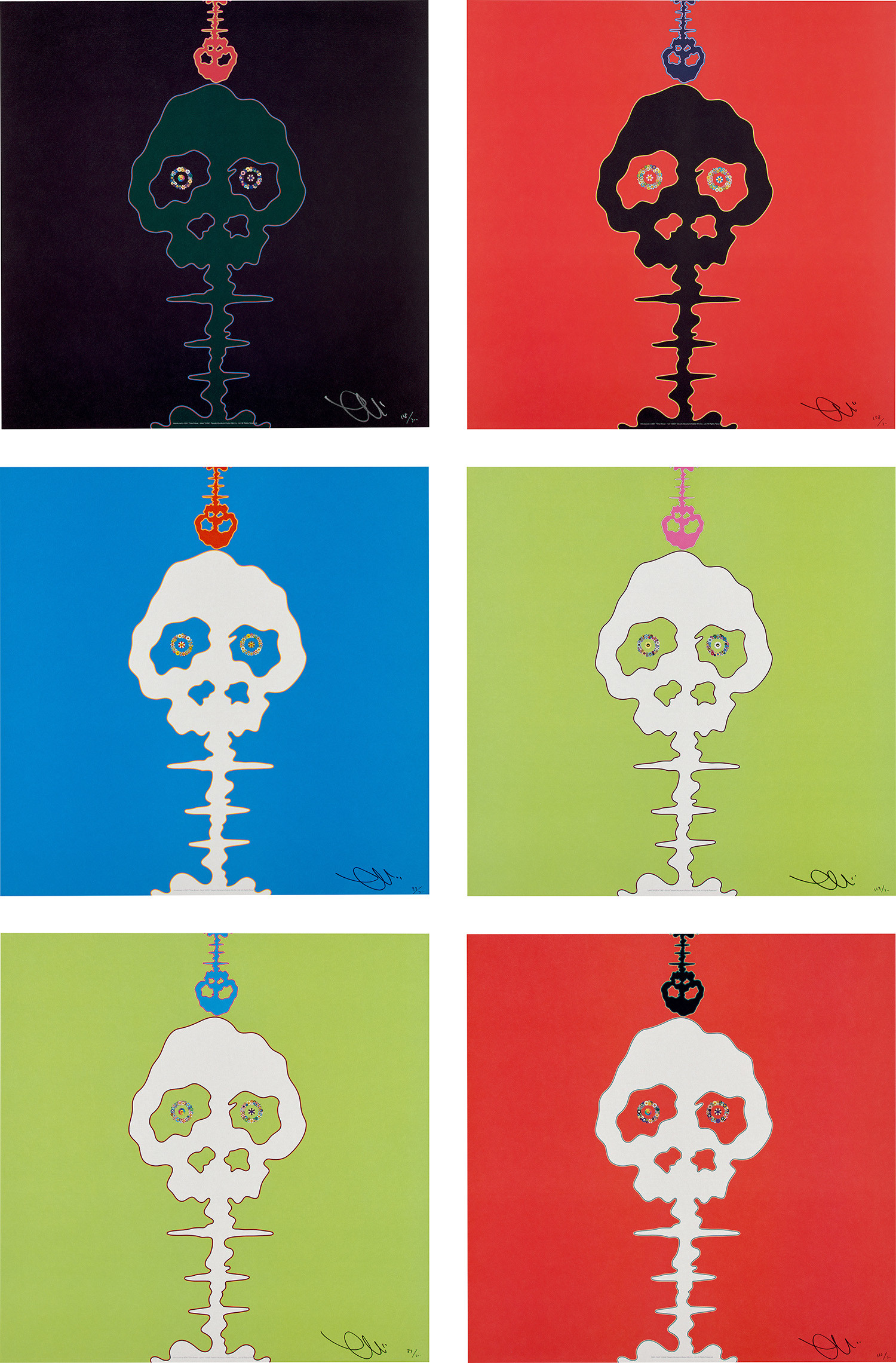 Takashi Murakami — Time Bokan-black; Time Bokan-red; Time Bokan-blue; LIME-GREEN TIME; Time Bokan-green; and RED TIME