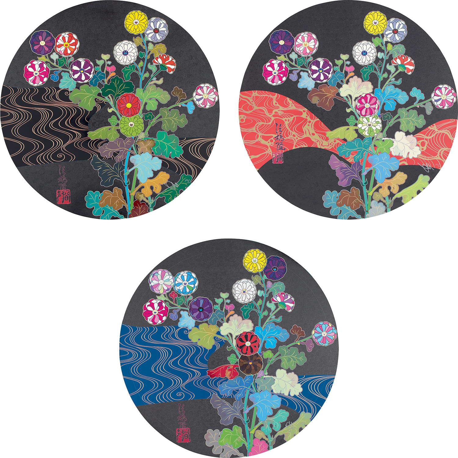 Takashi Murakami — Kansei: Skulls; Kanse: Fresh Blood; and Kōrin: Azure River