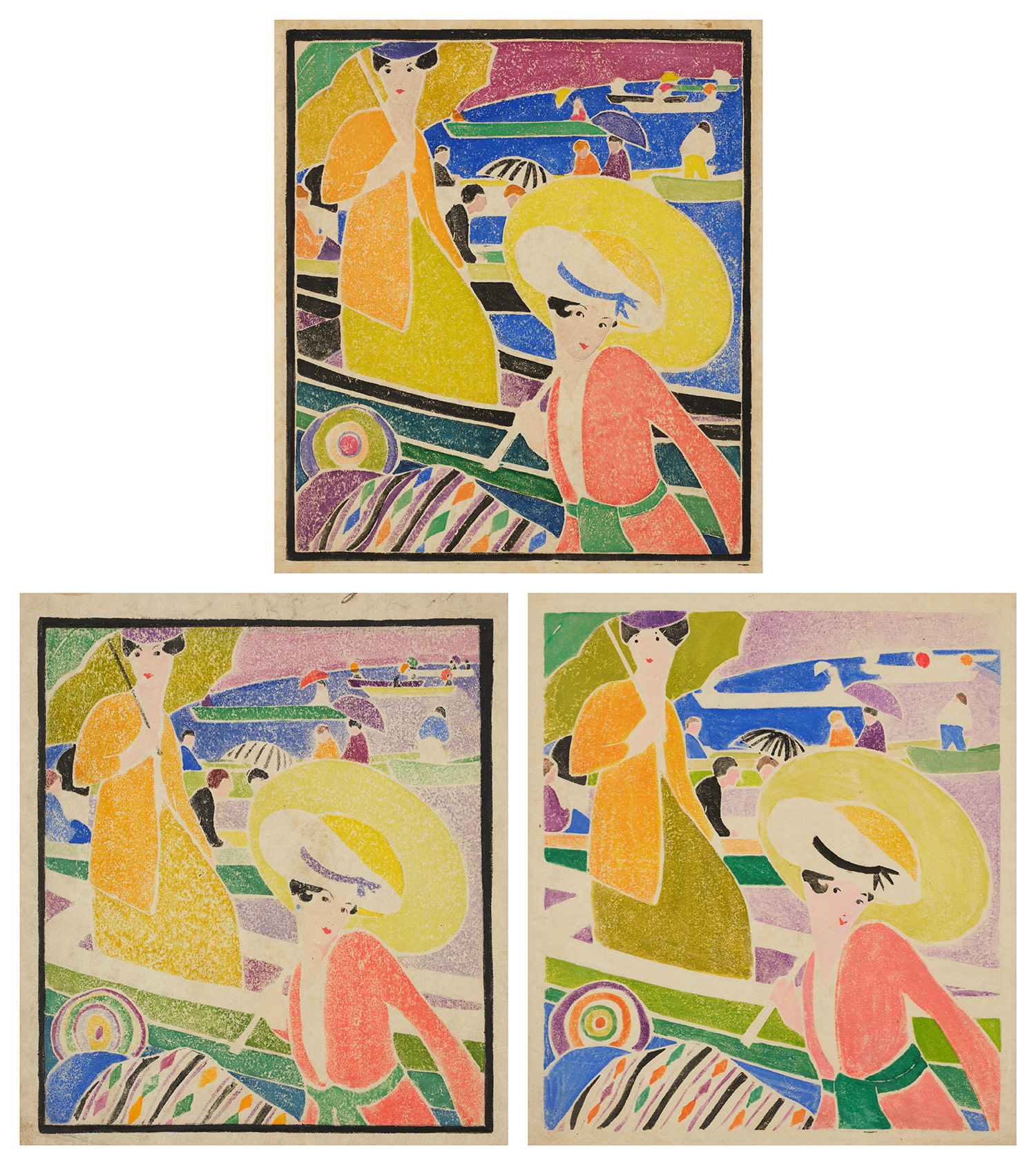 [Two Women with Umbrellas and Figures in Boats]