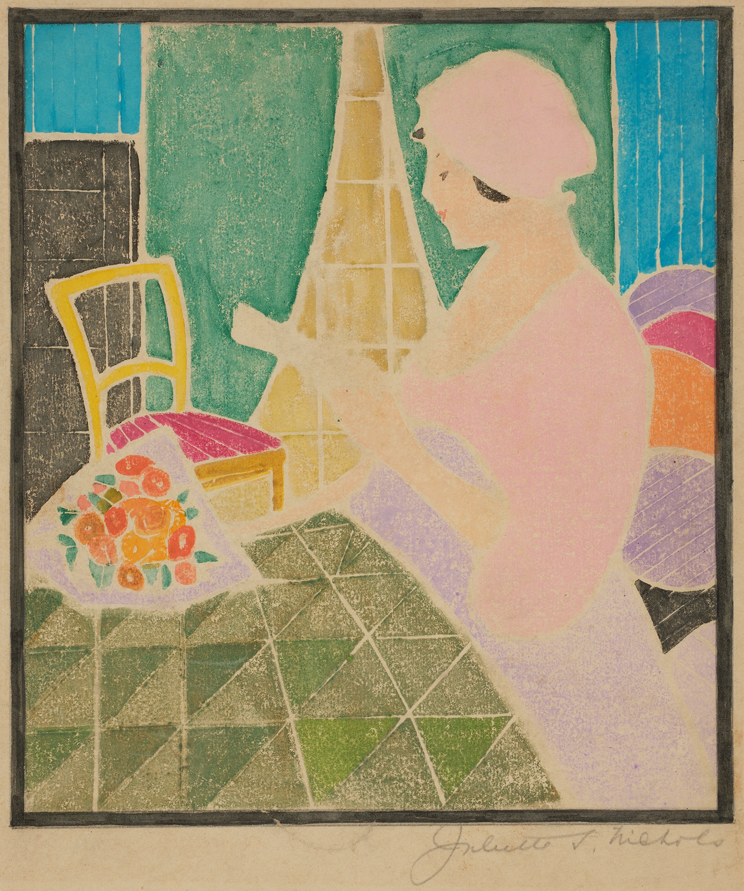 [Seated Woman Reading with Bouquet]