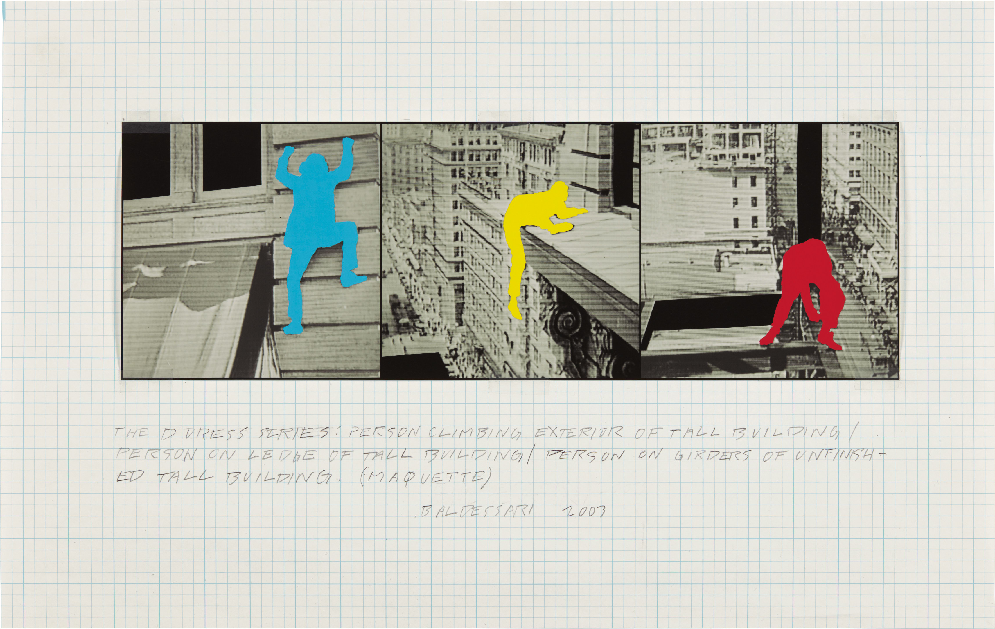 John Baldessari — Duress Series: Person Climbing Exterior Wall of Tall Building/Person on Ledge of Tall Building/Person on Girders of Unfinished Tall Building (Maquette)