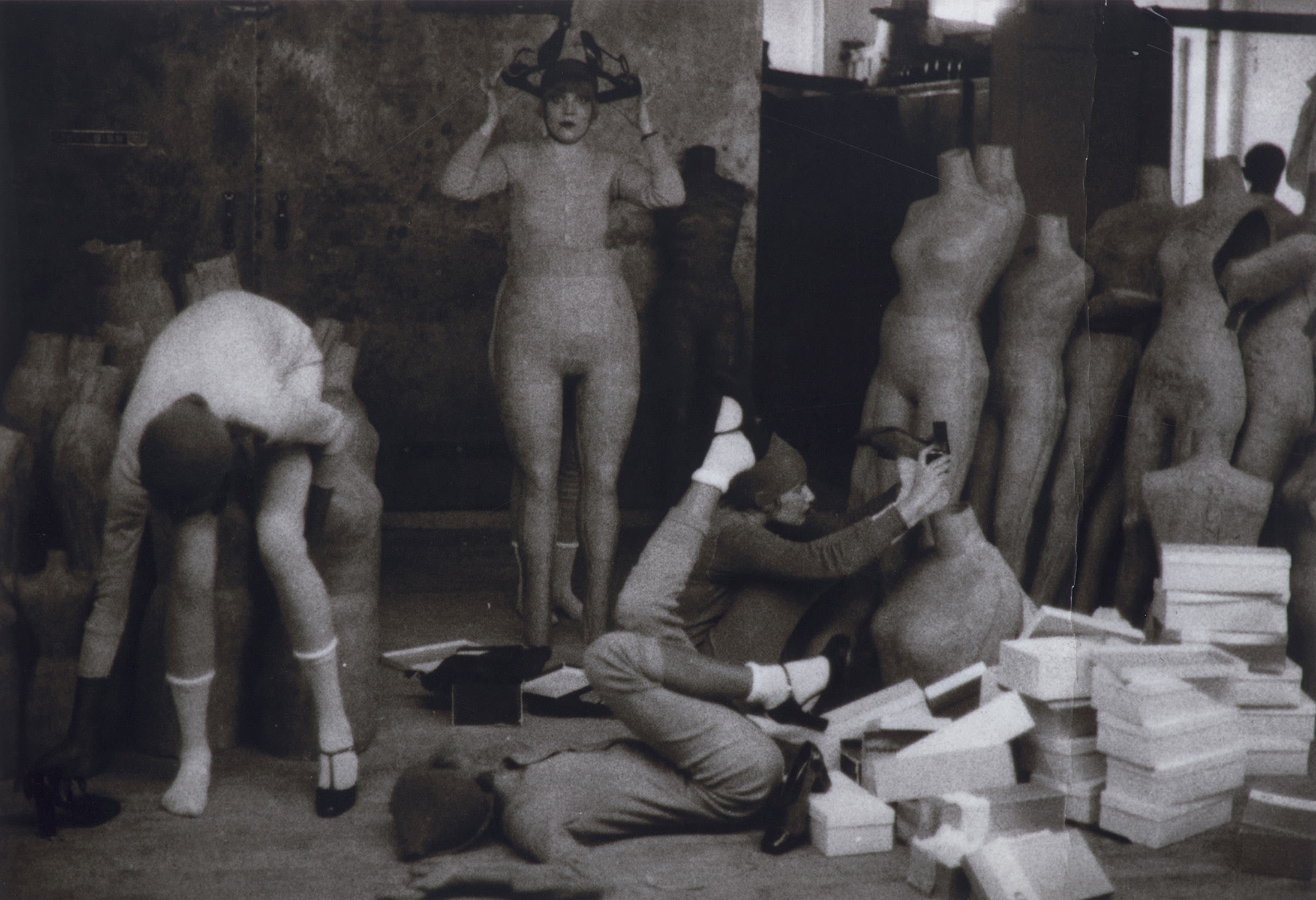 Deborah Turbeville — For Charles Jourdan: Candy Pratt, Betsey Johnson, Tia, Beverly Morgan, Mary Martz and Christa in clothes by Betsey Johnson, Woolf Dummy Form Factory - New York City