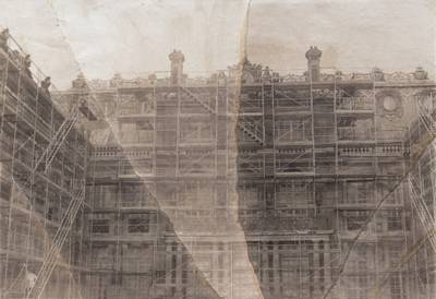 Façade of Versailles with scaffolding, France