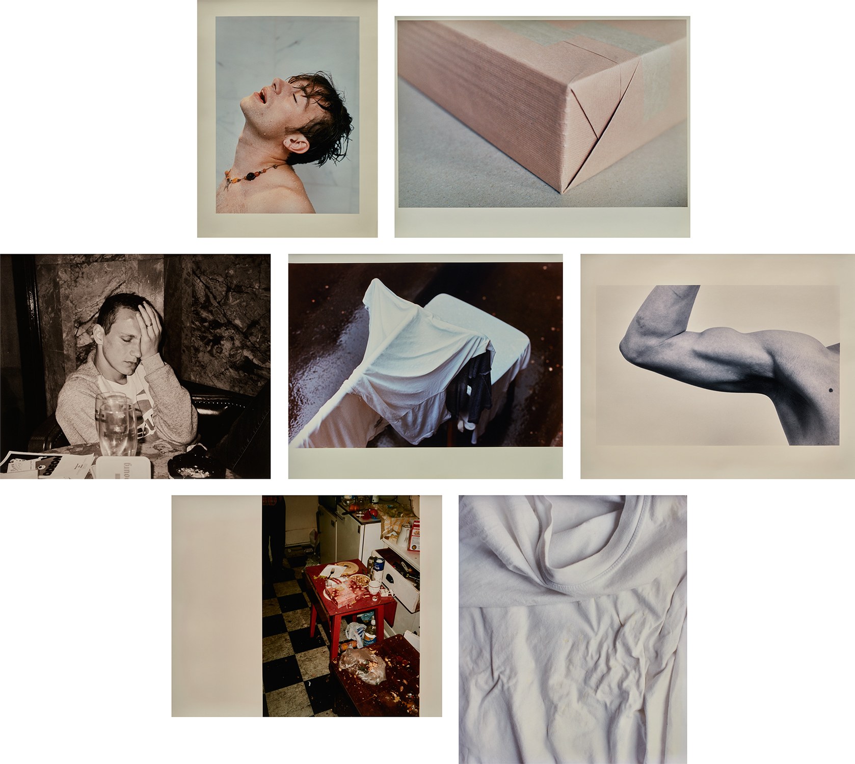 Seven works: (i) paper wrapped II (ii) Cornel, Zurich (iii) Damon, shower, head up (iv) sportflecken (v) after party. (vi) Faltenwurf (broom stick) (vii) Olli's arm, wide