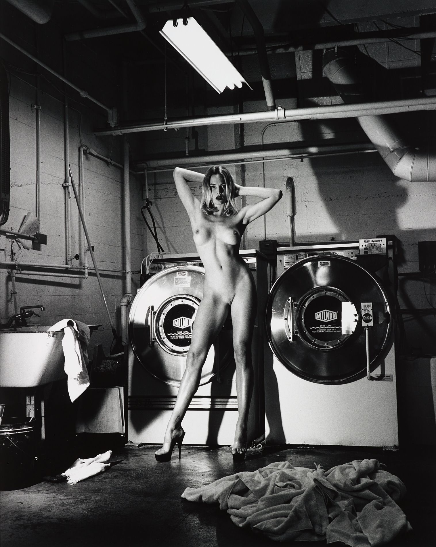 Helmut Newton — Domestic Nude III, In the Laundry Room of the Château Marmont, Hollywood