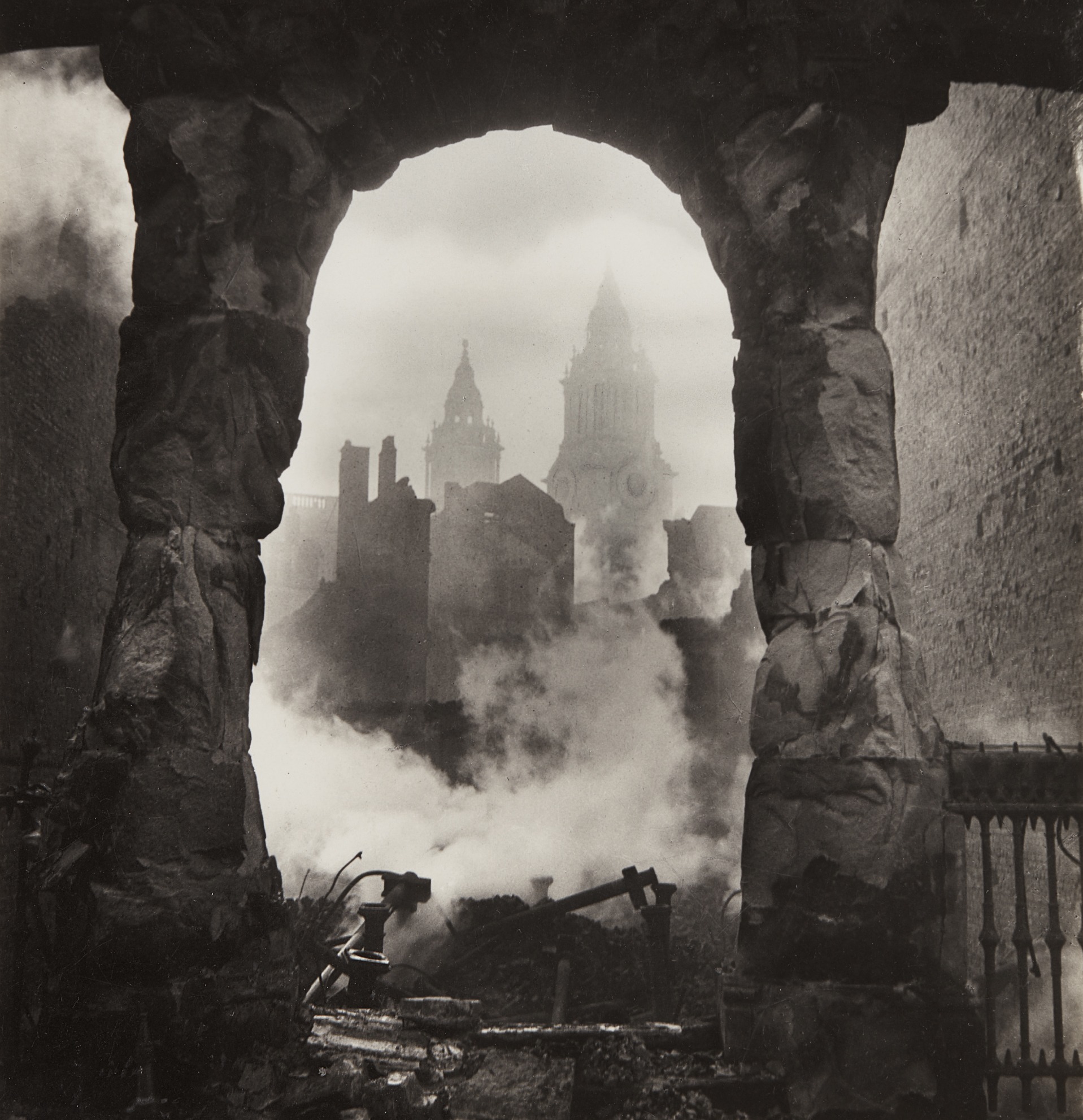 The Blitz/Western Campanile of St. Paul’s seen through Victorian shop-front