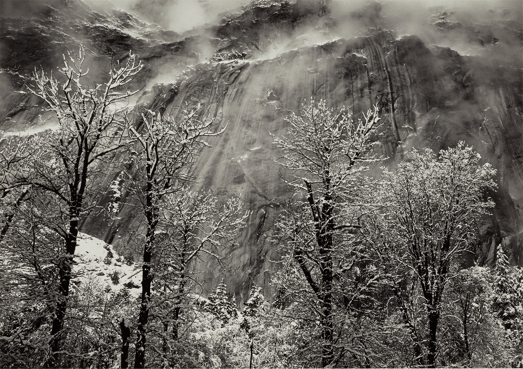 Ansel Adams — Trees and Cliffs of Eagle Peak, Winter, Yosemite National Park, California