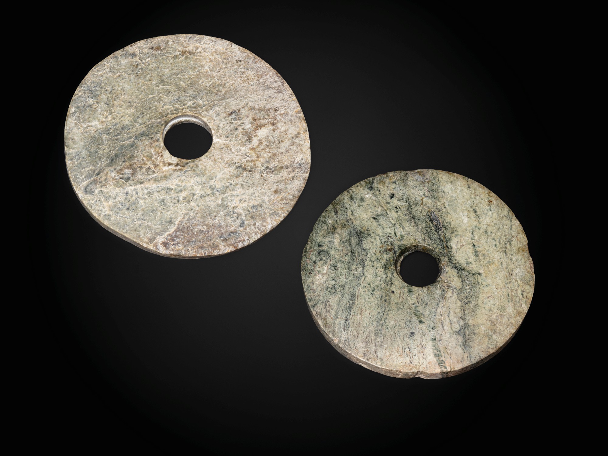 Two large calcified pale green bi discs — 或為新石器時代 玉璧兩件