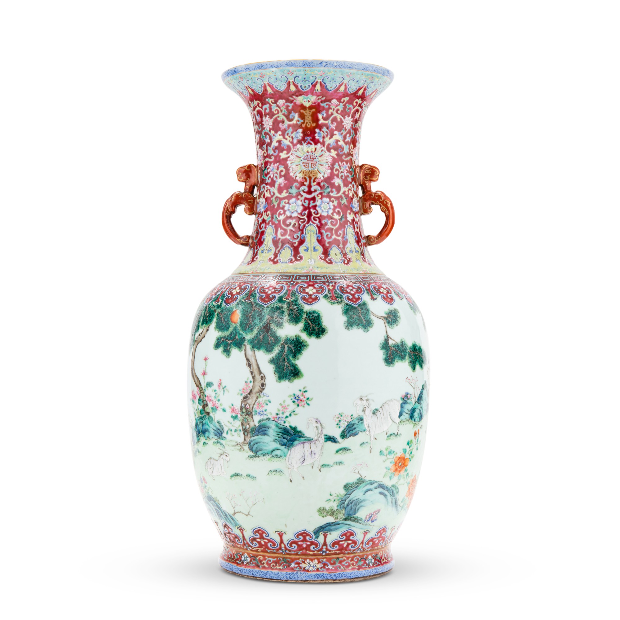 A large famille-rose ‘three rams’ vase — 清乾隆至嘉慶 紫地粉彩三羊啓泰雙螭龍耳大瓶