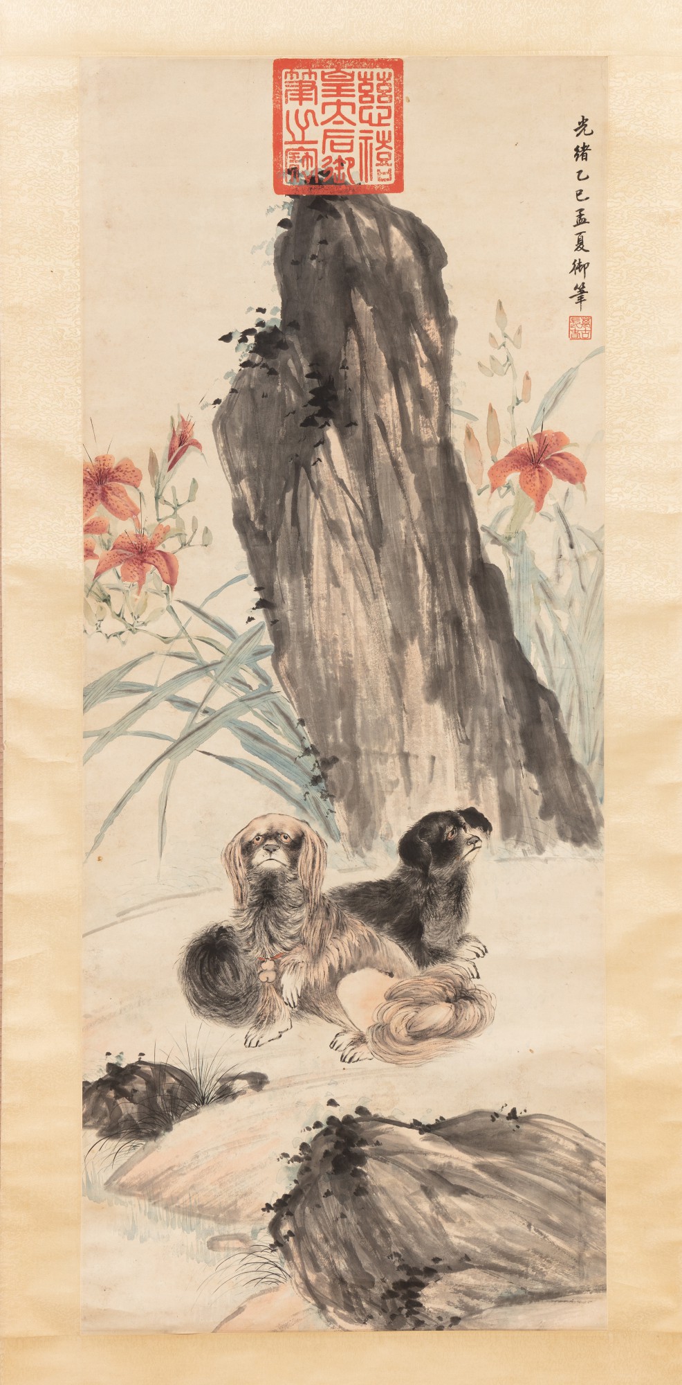 In the style of Empress Dowager Cixi — 慈禧（款） 雙犬百合花圖 設色紙本