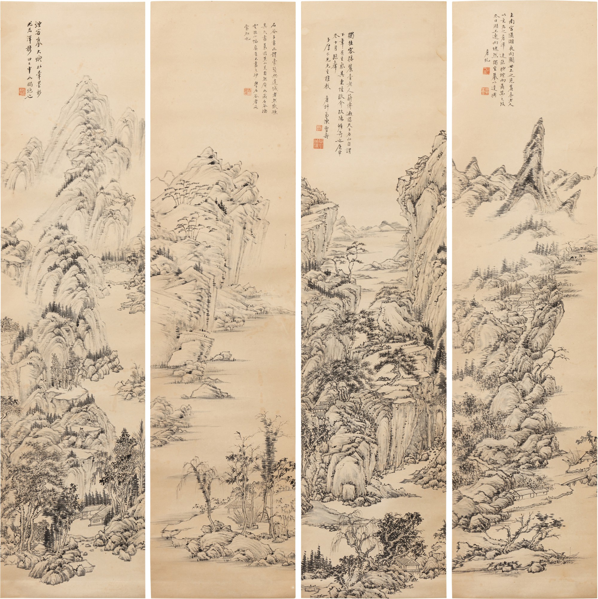 Chen Zengshou — 陳曾壽 山水四屏 水墨紙本 立軸