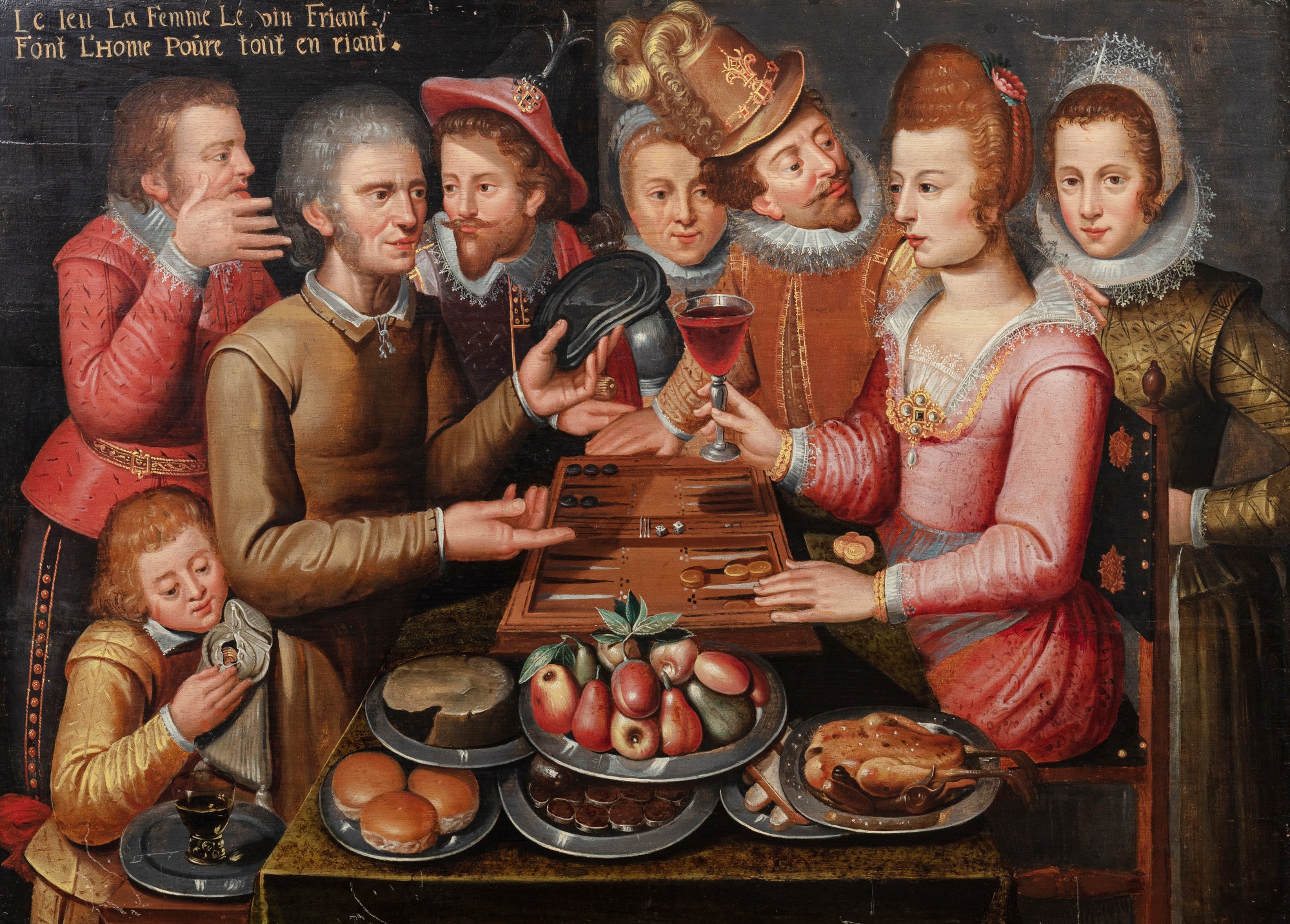 Franco-Flemish School, circa 1610 — Ecole franco-flamande vers 1610, Le Jeu, la Femme, le Vin friant font l'homme pauvre tout en riant