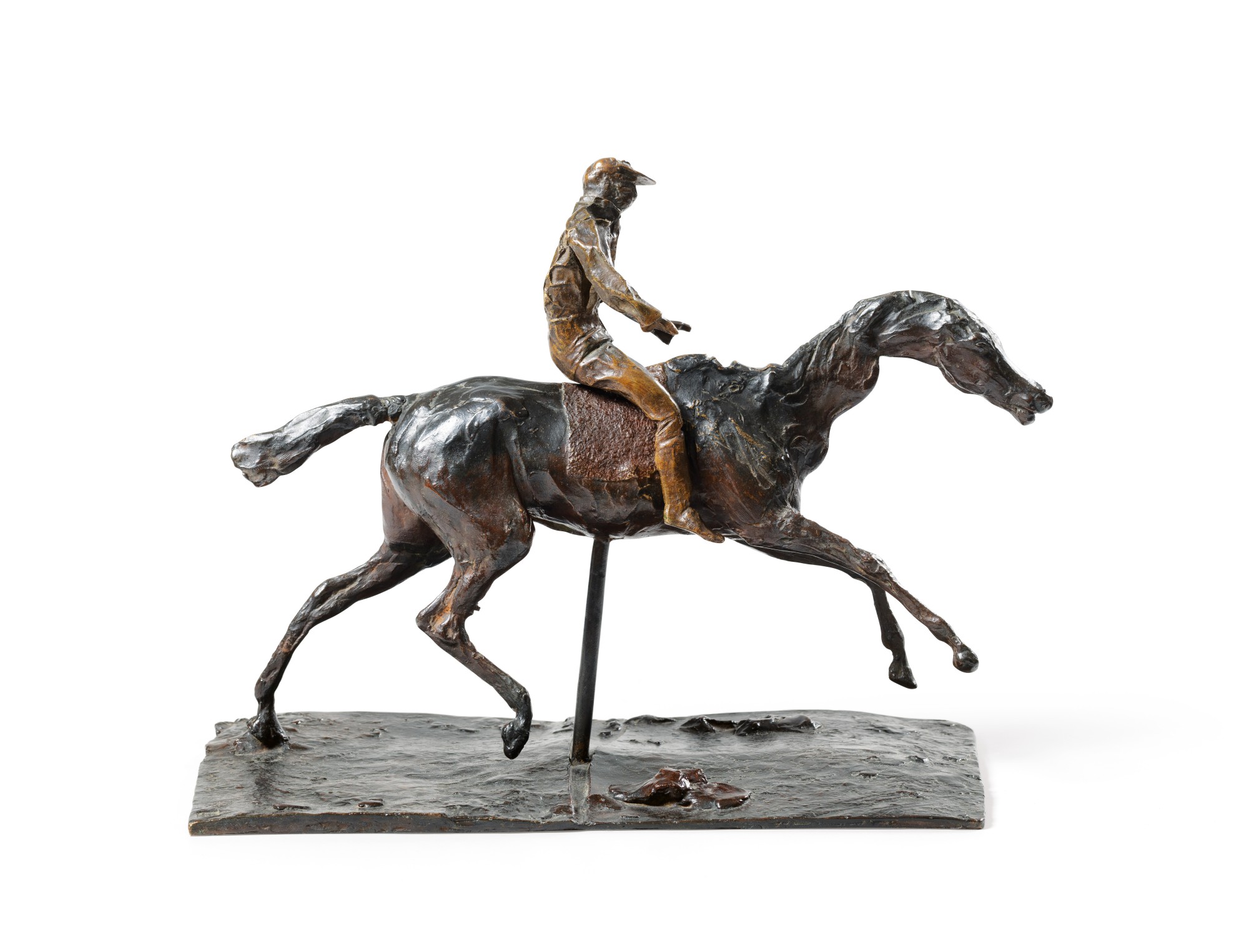 Edgar Degas — Cheval au galop sur le pied droit, le pied gauche arrière seul touchant terre ; jockey monté sur le cheval