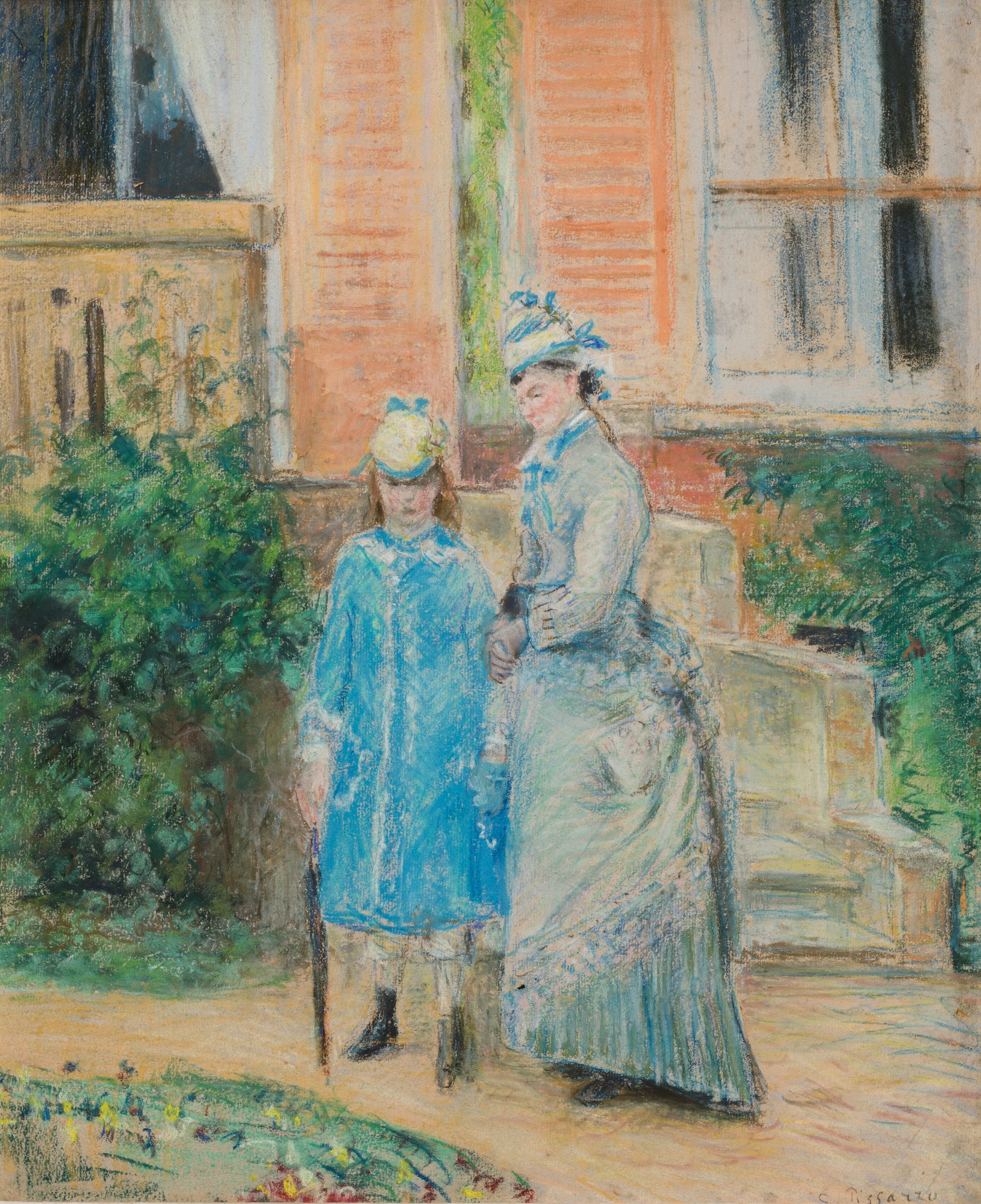 Camille Pissarro — Deux jeunes filles dans un jardin, devant un perron