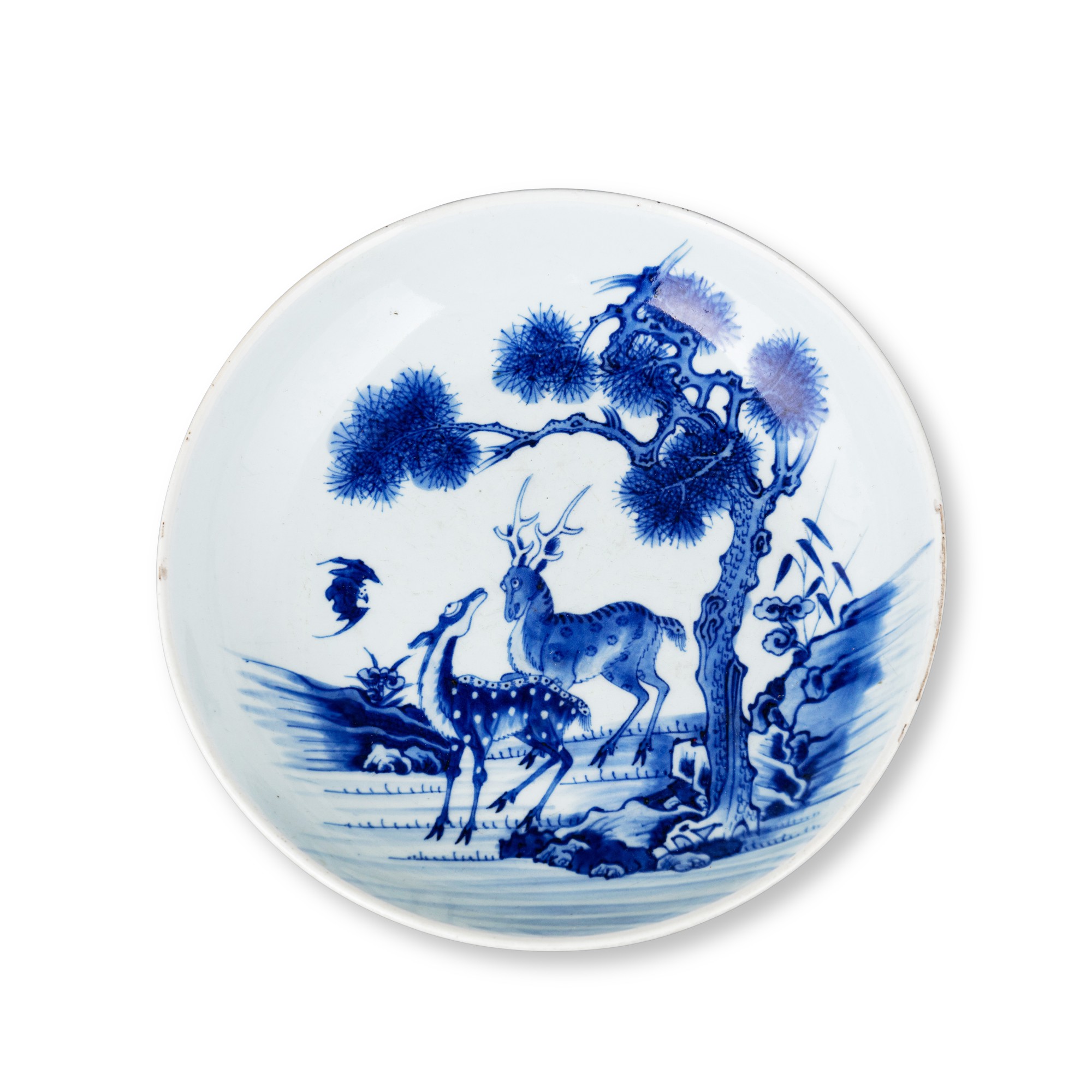 A blue and white 'deer' dish — 清 青花福祿如意紋盤