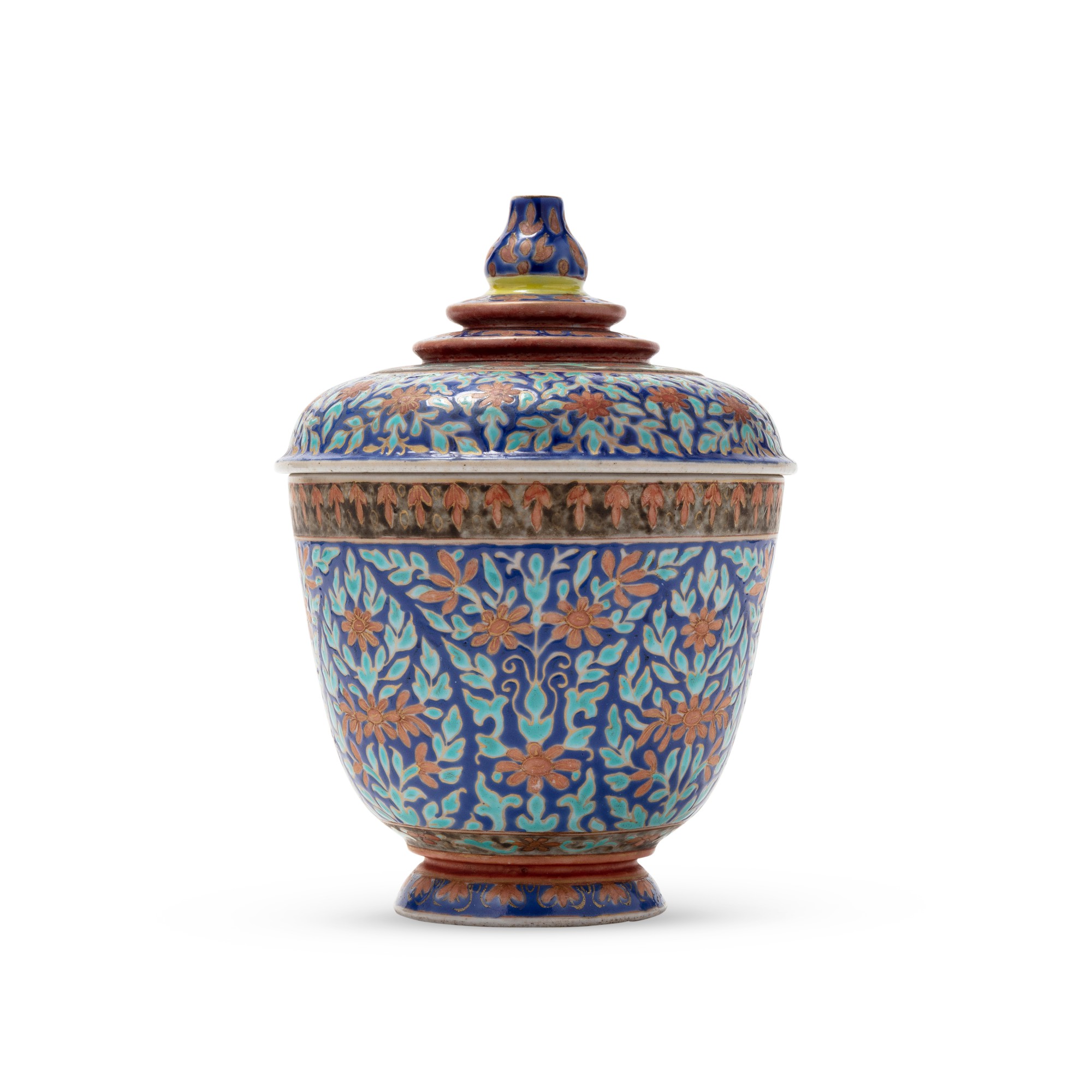 A 'benjarong' light blue-ground bowl and cover — 十九世紀 外銷暹羅班加隆藍地花卉紋蓋盌