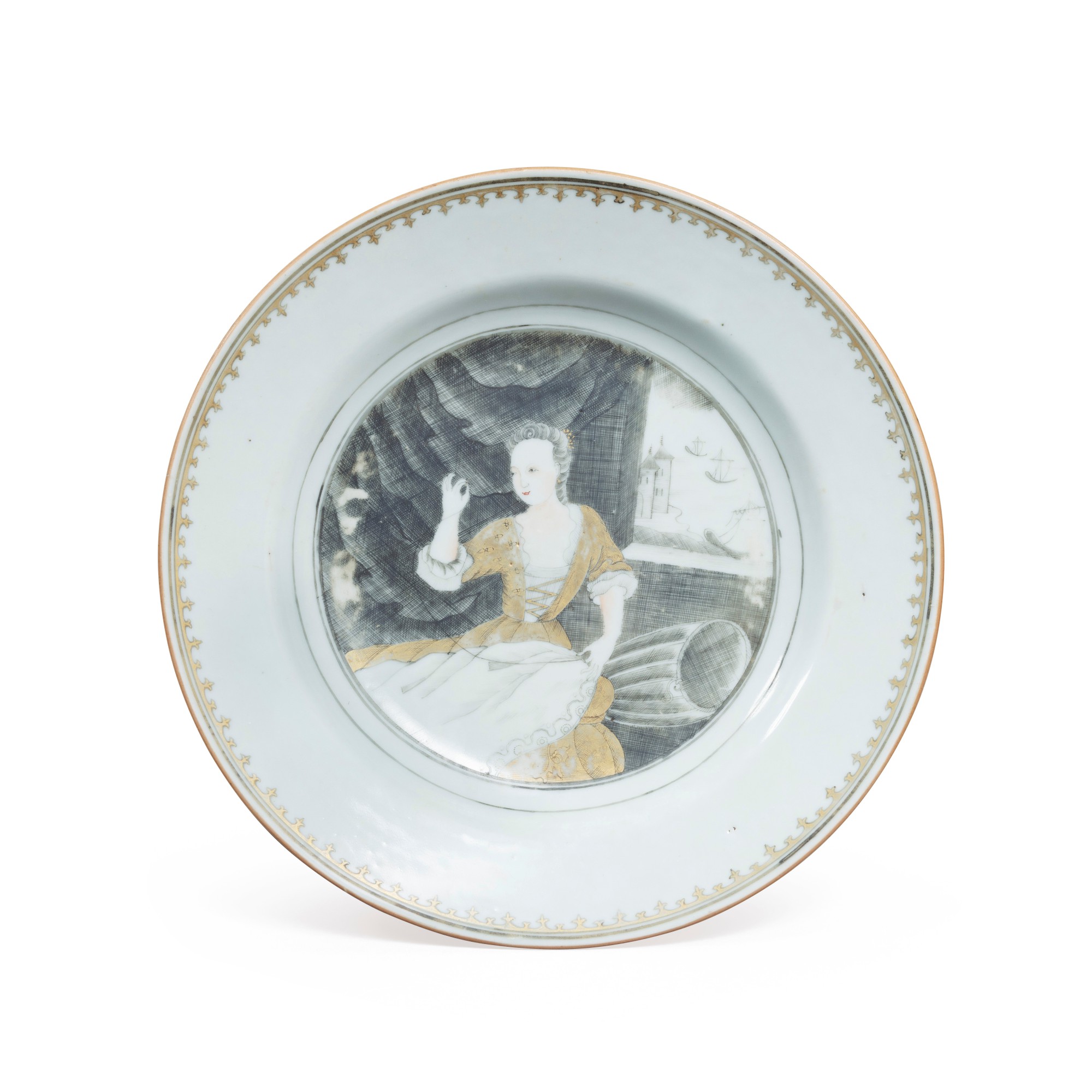 A grisaille and gilt-decorated 'seamstress' plate — 清 約1750年 墨彩描金西洋仕女圖盤