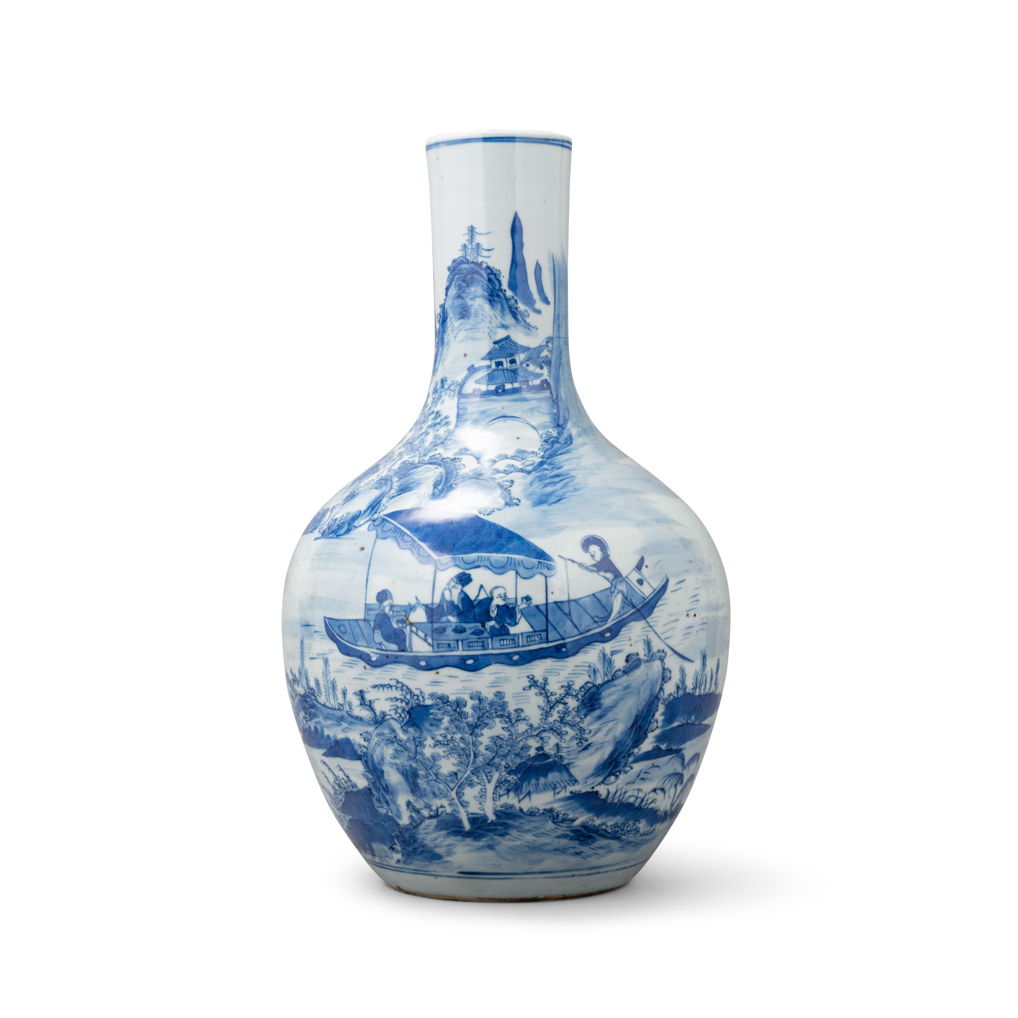 A blue and white bottle vase — 清十九世紀 青花泛舟圖大瓶