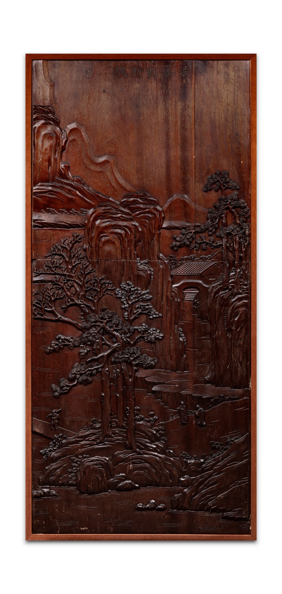 An imperially inscribed carved nanmu 'landscape' panel — 清乾隆 楠木山水樓閣圖掛屏