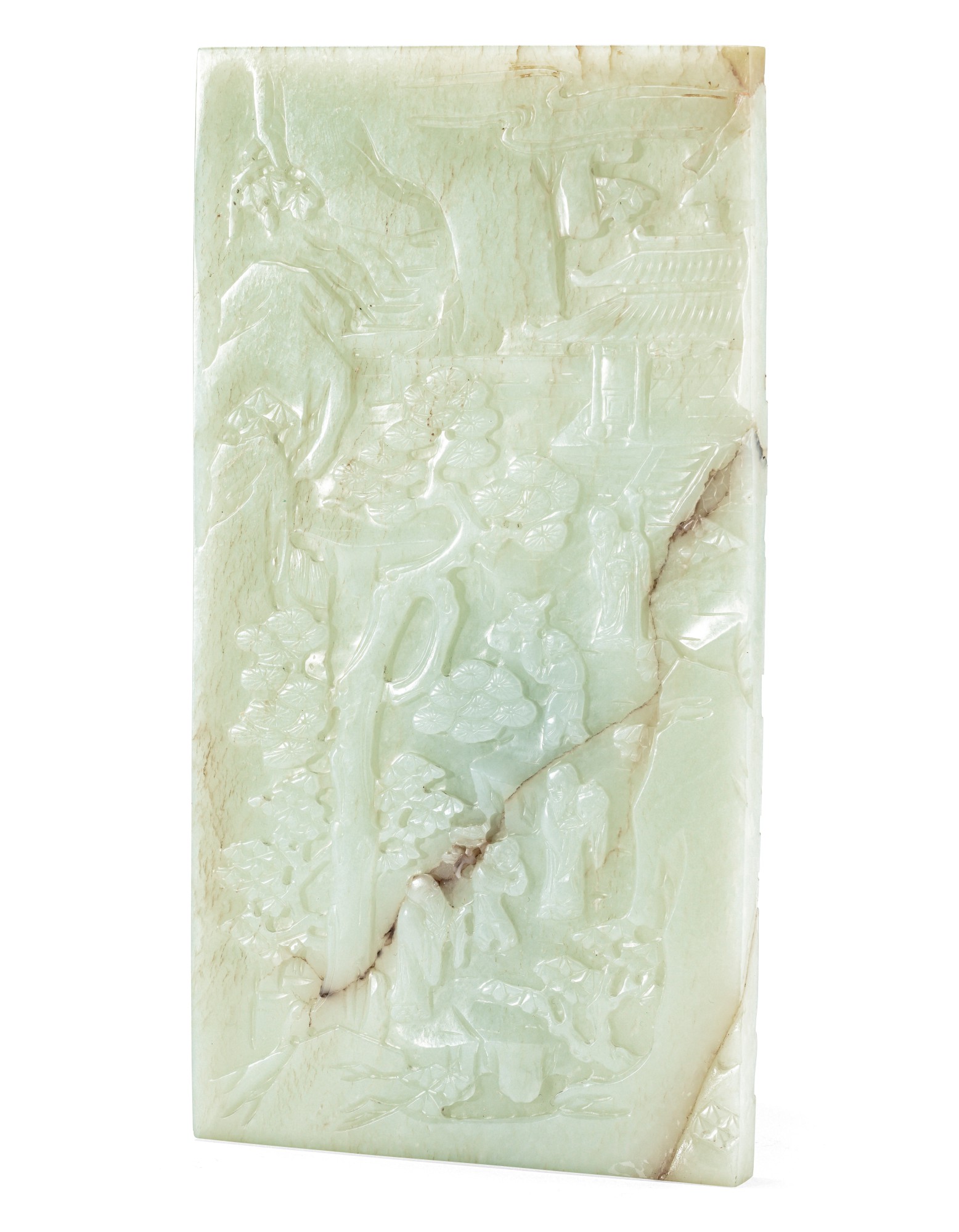 A carved pale celadon jade 'scholars and attendants' plaque,  Qing dynasty, 19th century — 清十九世紀 青白玉福祿壽三星圖插屏