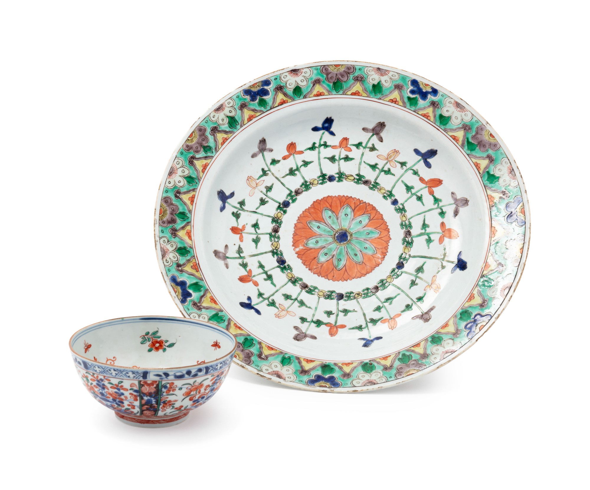 Unknown — 清康熙 外銷五彩花卉紋盤及盌一組兩件