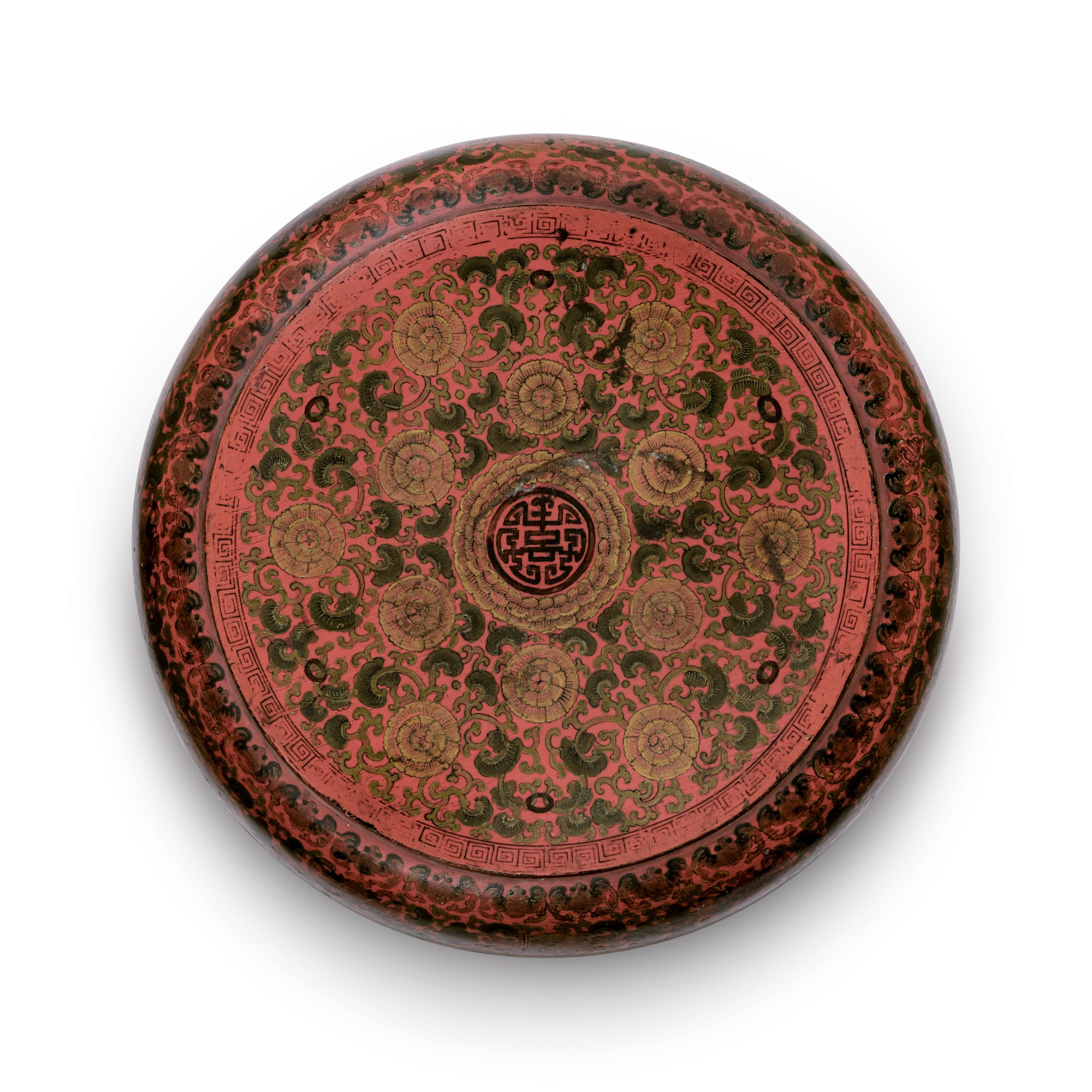 A painted red lacquer box and cover — 清康熙 朱漆彩繪花卉紋「壽」字圓蓋盒