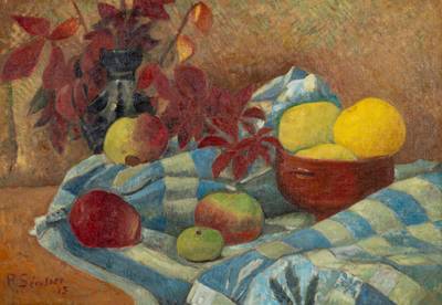 Nature morte aux pommes sur nappe aux carreaux bleus et bouquet  feuillage d'automne