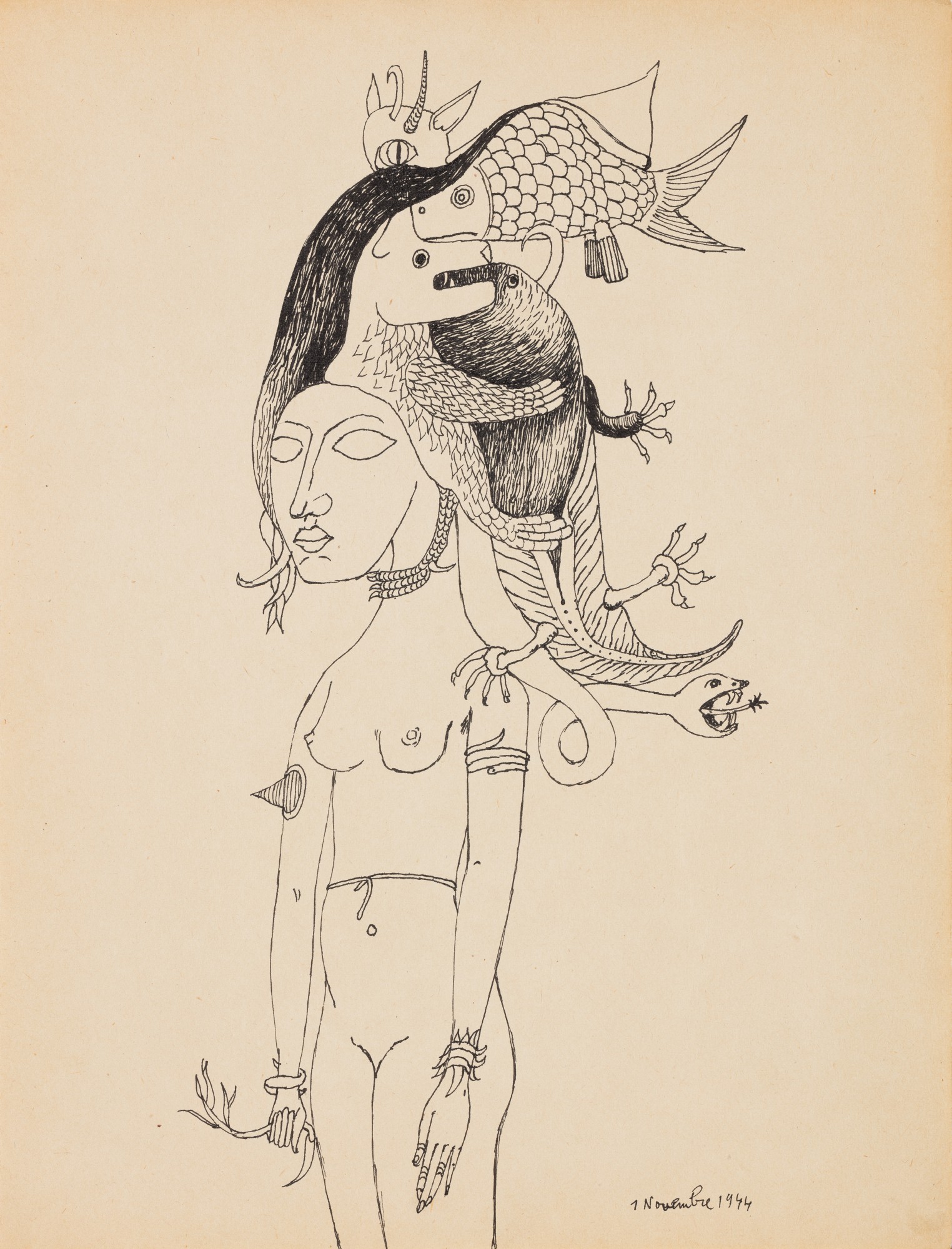 Victor Brauner — Femme aux poissons (Variation originale autour du thème de la femme rose-croix)    