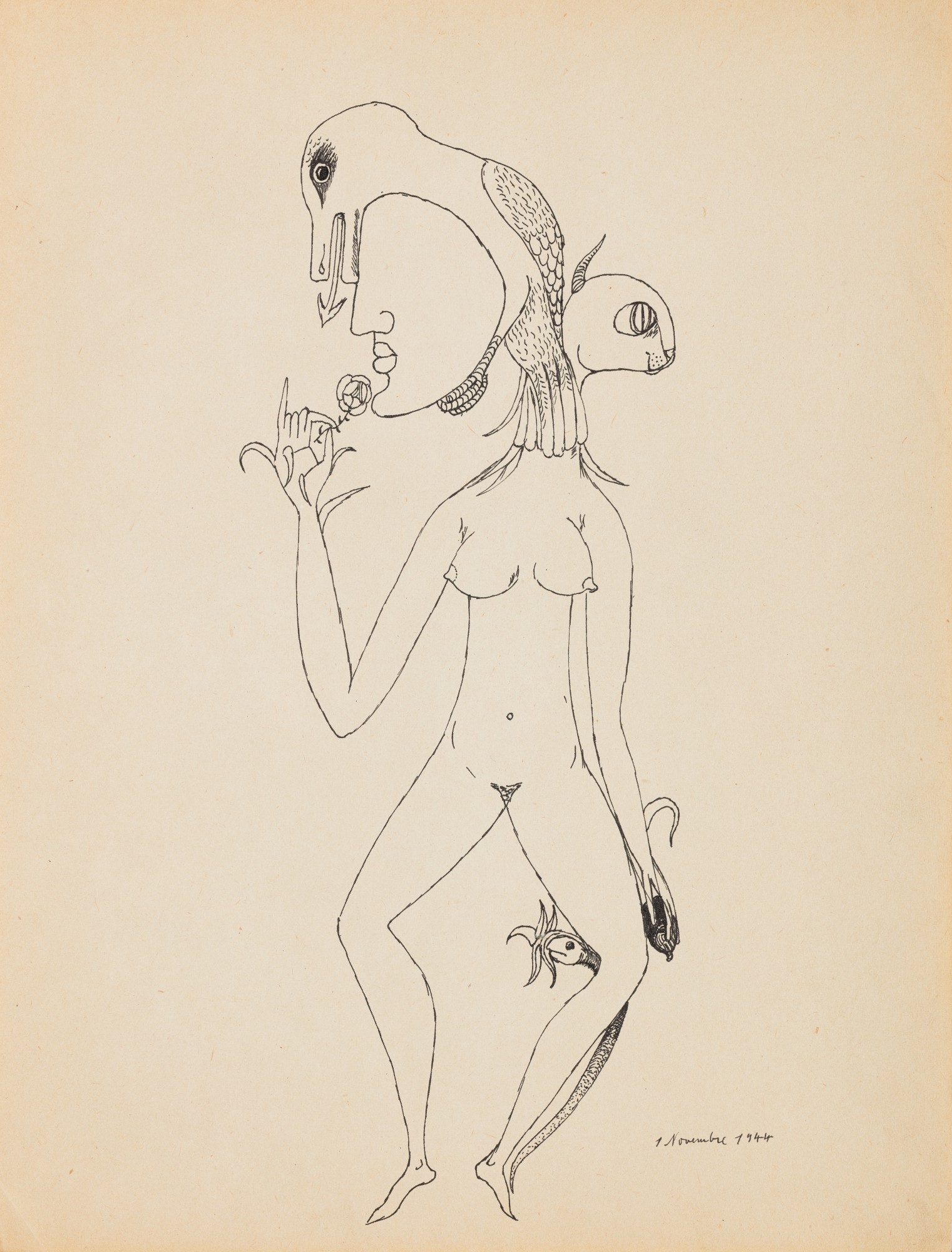 Victor Brauner — Femme au chat (Variation originale autour du thème de la femme rose-croix)    