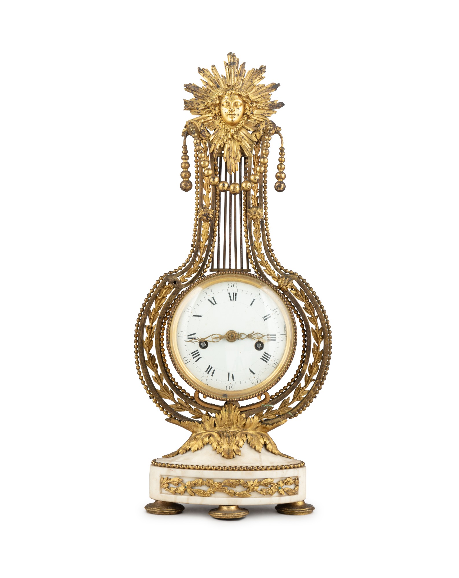 Unknown — Pendule lyre en bronze doré et marbre blanc d'époque Louis XVI, vers 1780