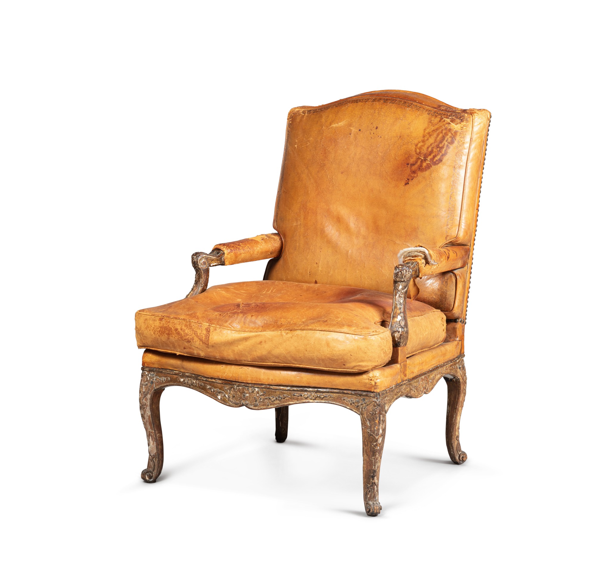 Unknown — Grand fauteuil à dossier plat en bois doré, d'époque Régence, vers 1725