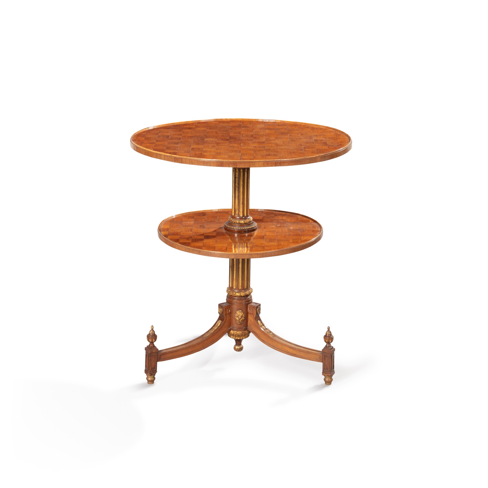 A rosewood parquetry and parcel gilt walnut gueridon, Dutch work, circa 1775, attributed to Mathias Horrix Pedestal table — Guéridon en marqueterie cubique de palissandre et noyer rechampi or, tavail Hollandais d’époque Louis XVI, vers 1775, attribué à Mathias Horrix Guéridon