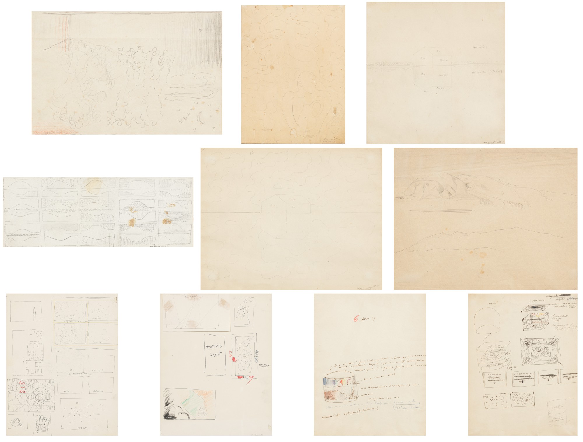 Ten drawings: (i) Groupe de personnages et croissant de lune (ii) Thème de recherche pour la Porteuse d'eau (iii) Etude pour les huiles de 1947: Flood ou Inondation ou Grange Blanche (iv) Etude pour les tableaux intitulés Black Mountain (v) Etude pour les huiles: Granges au bord de l'eau ou Barn by the pool spring (vi) Etude de montagnes (vii) Mise en page d'œuvres pour une exposition (viii) Etudes divers pour des œuvres exécutées entre 1951 et 1957 (ix) Croquis d'un cylindre (x) World's Library, série de croquis pour un projet de bibliothèque