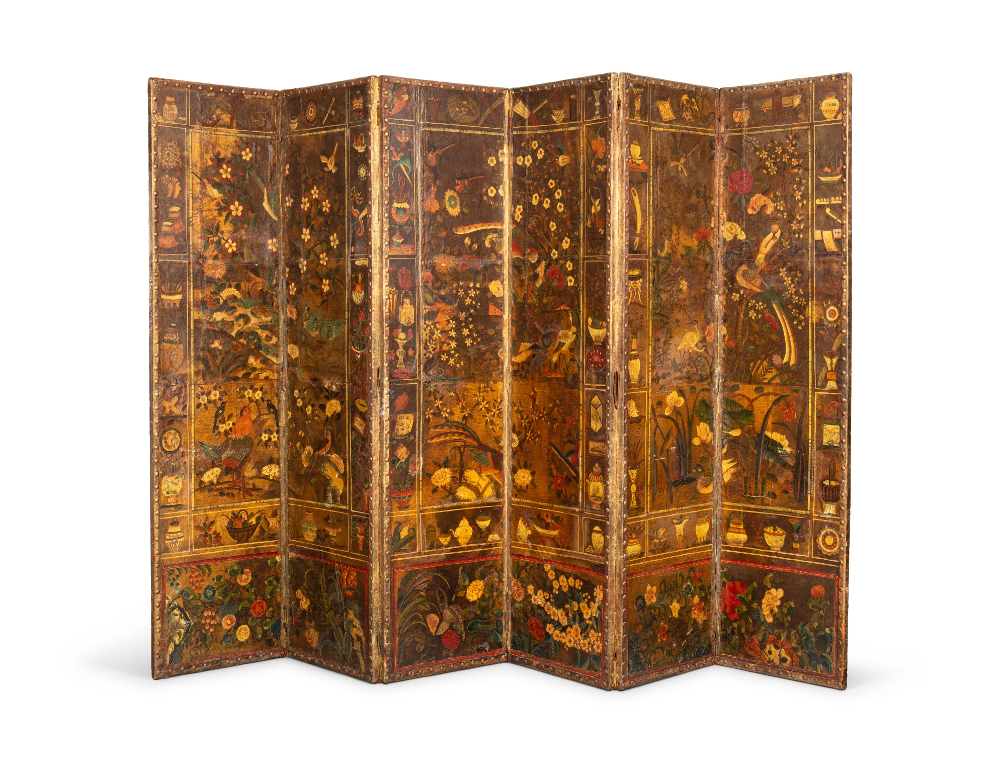 A six-leaf painted leather screen, probably Flanders, 18th century — Paravent à six feuilles en cuir peint, probablement Flandres, XVIIIe siècle