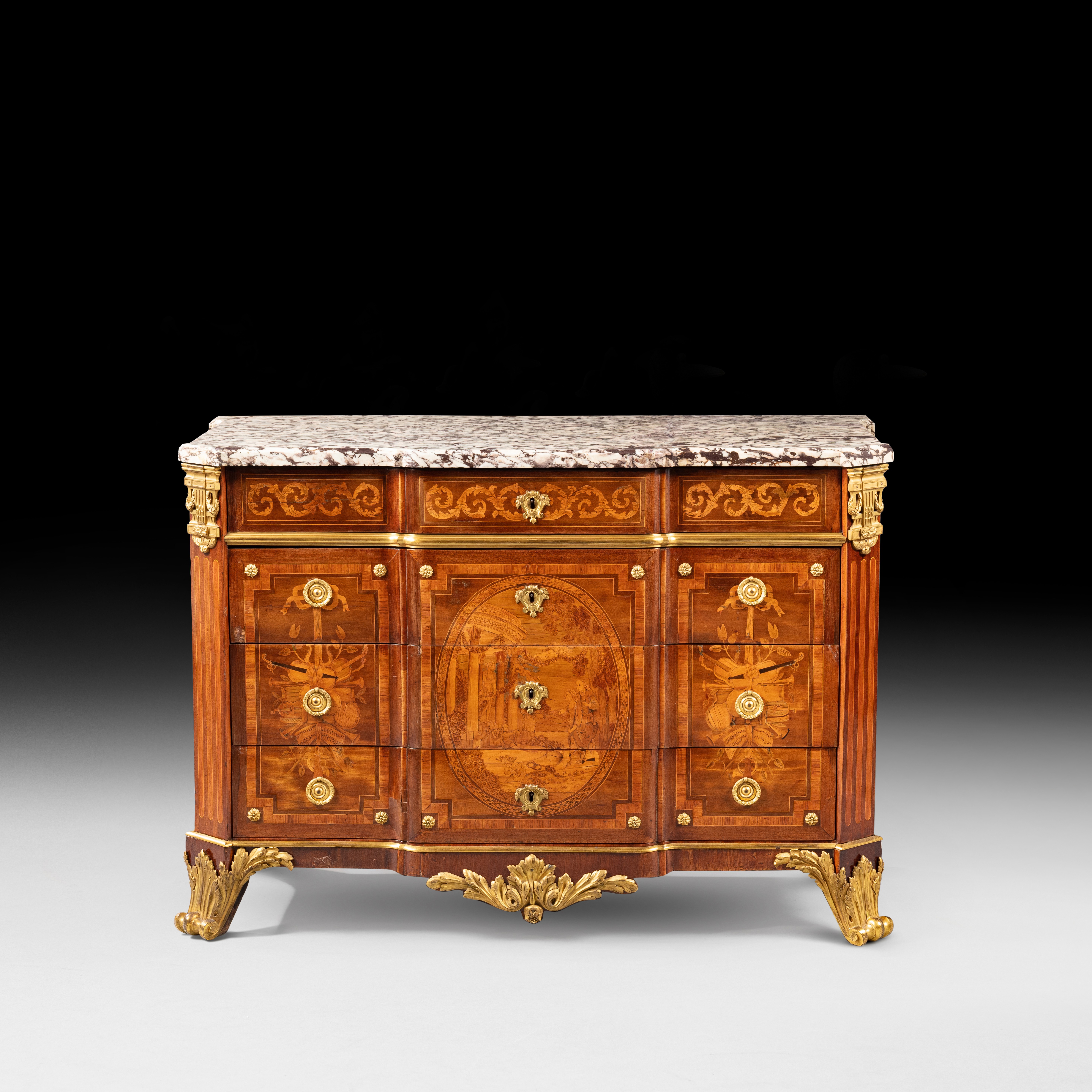 A Louis XVI gilt-bronze mounted kingwood and tulipwood marquetry commode , Louis XVI, circa 1780, stamped by Christophe Wolff — Commode en marqueterie de bois de violette et bois de rose, monture de bronze doré d'époque Louis XVI, vers 1780, estampille de Christophe Wolff