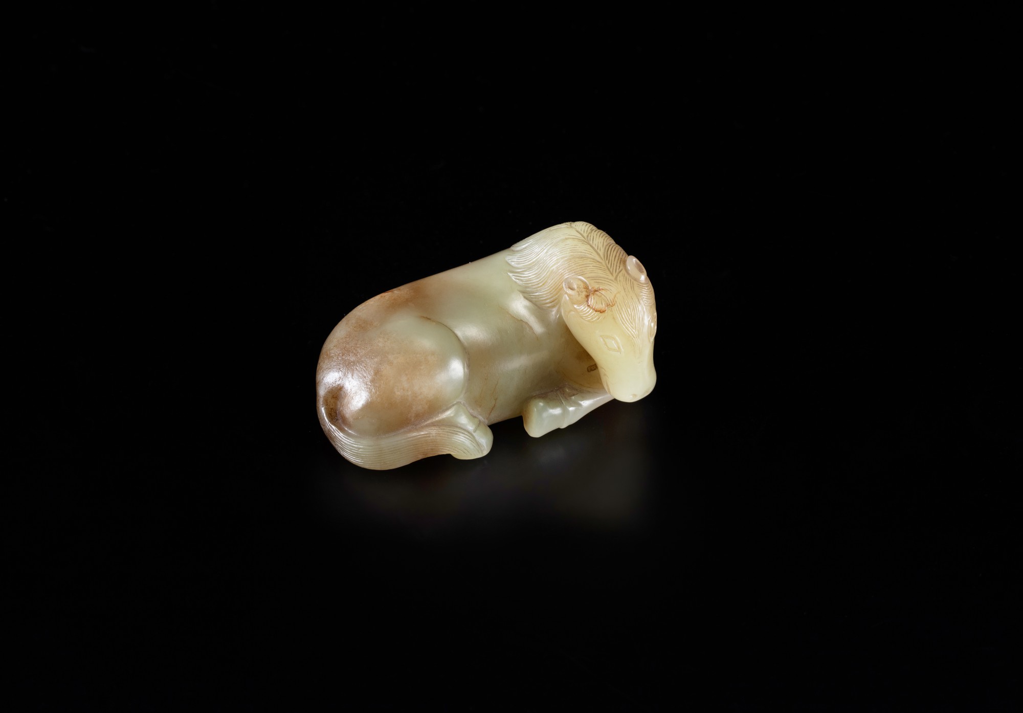 A superb small yellow green jade Mongolian horse — 元至明 黃玉馬把件