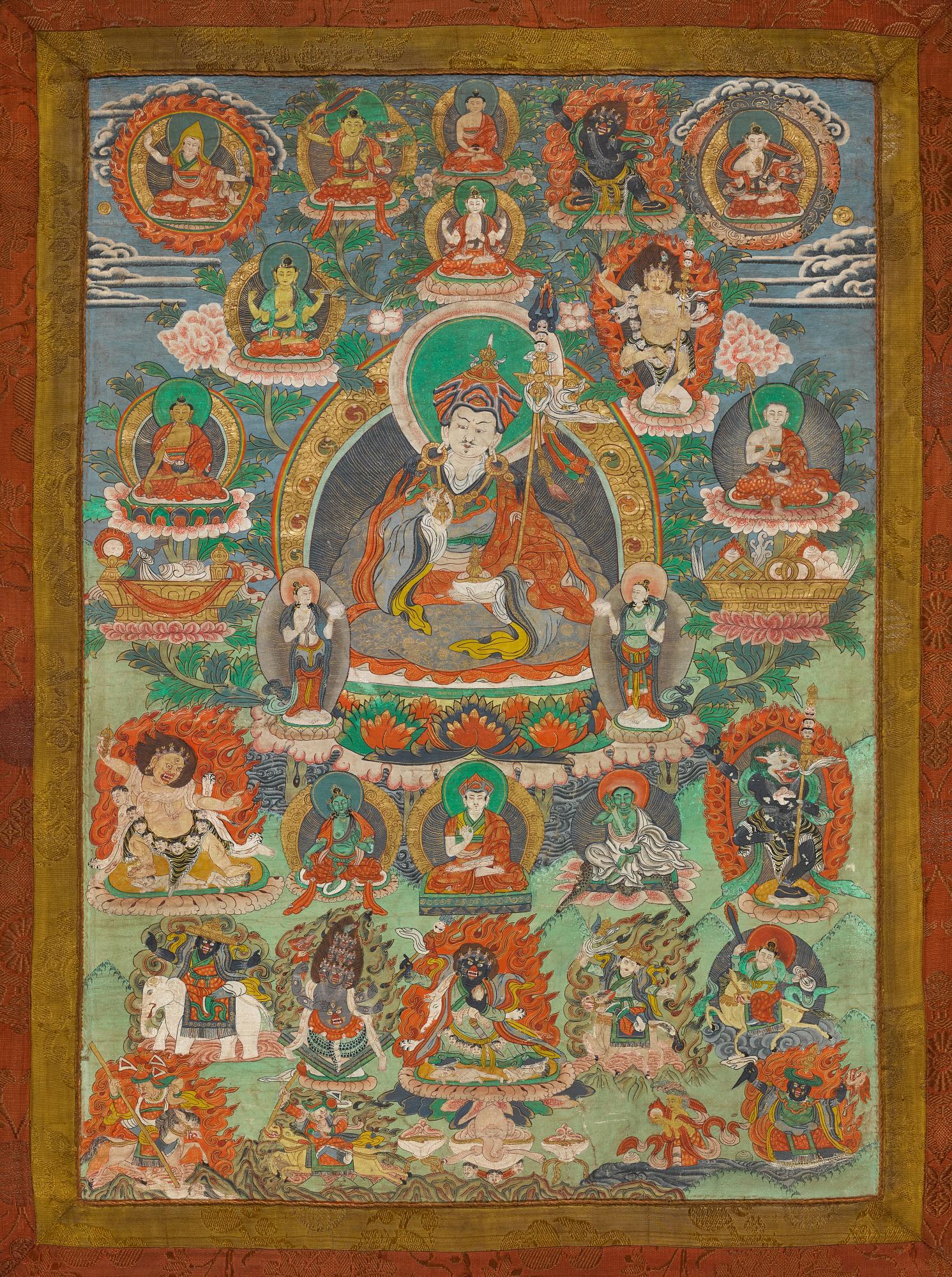 A thangka depicting Padmasambhava — 西藏 十九世紀 蓮花生唐卡 設色布本 鏡框