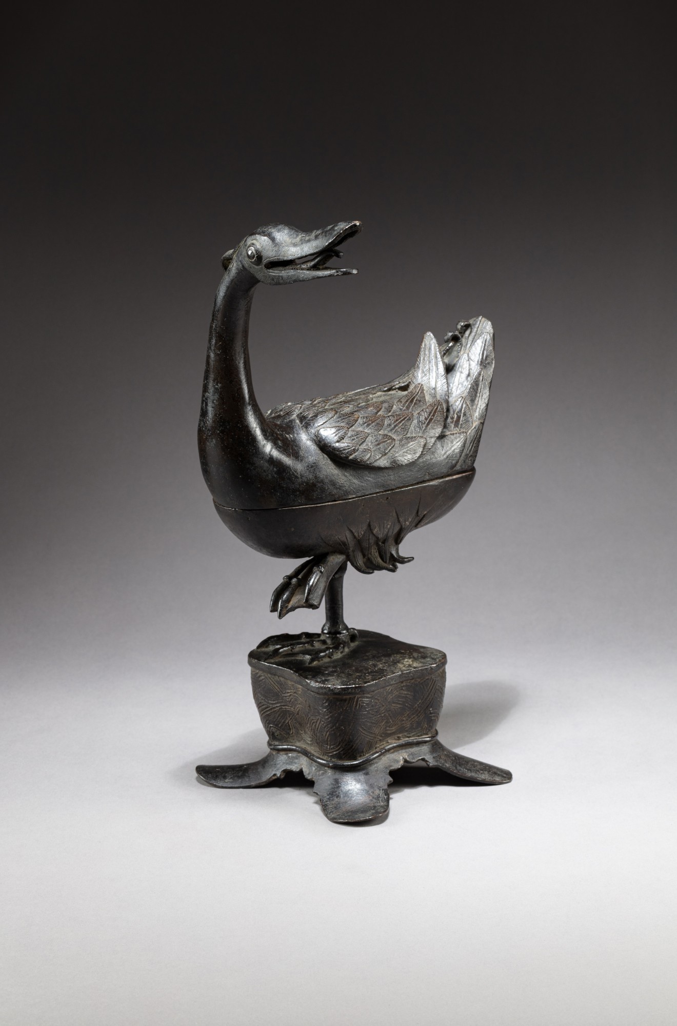 A bronze ‘goose’ three-part incense burner — 明 銅寶鴨式熏爐