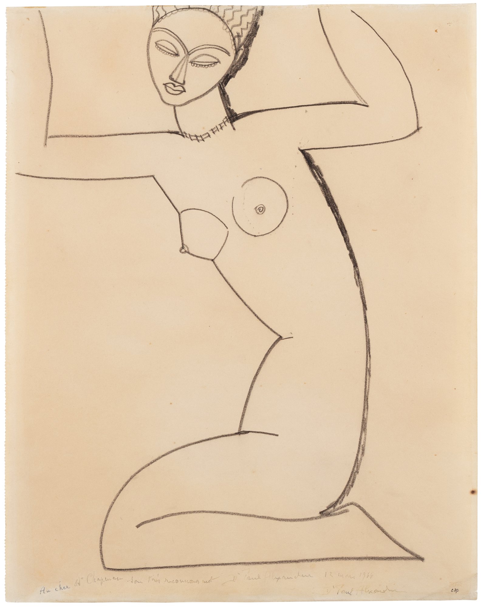 Amedeo Modigliani — Cariatide agenouillée et assise sur les talons, tête de face légèrement inclinée vers la gauche, membres inférieurs de profil gauche, collier