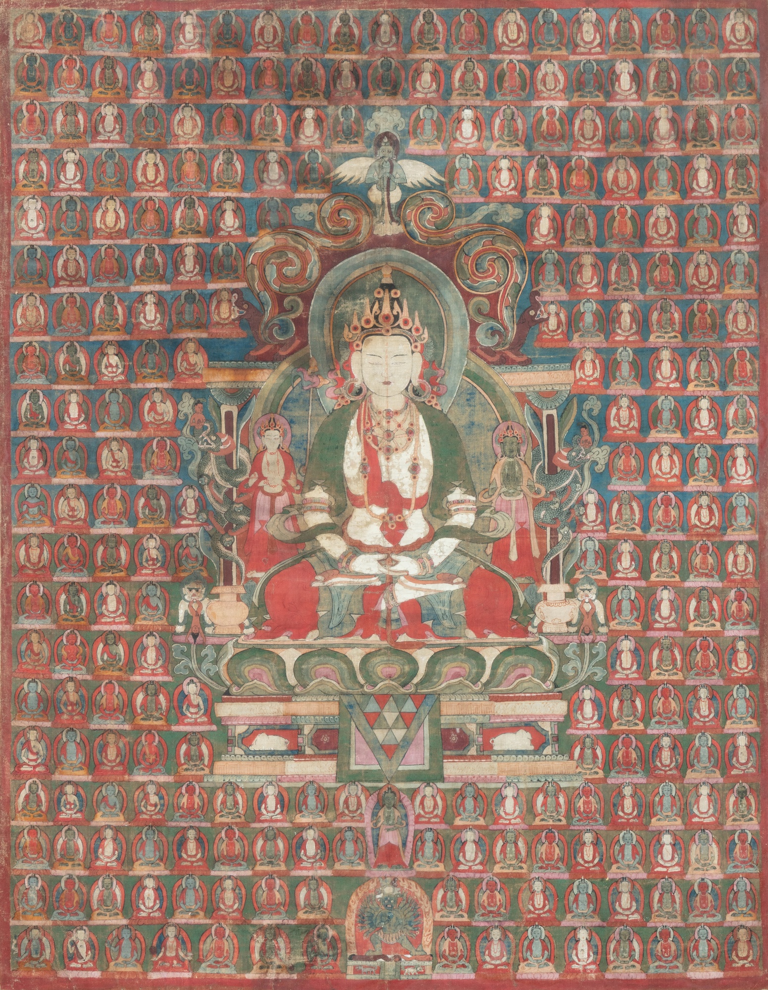 An important thangka depicting Shenlha Wökar — 西藏 十六世紀 辛拉哦噶唐卡 設色布本