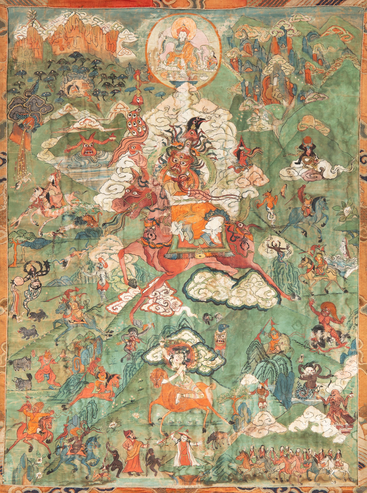 A thangka depicting a Nyingma protector deity — 西藏 十九世紀 寧瑪派護法唐卡 設色布本