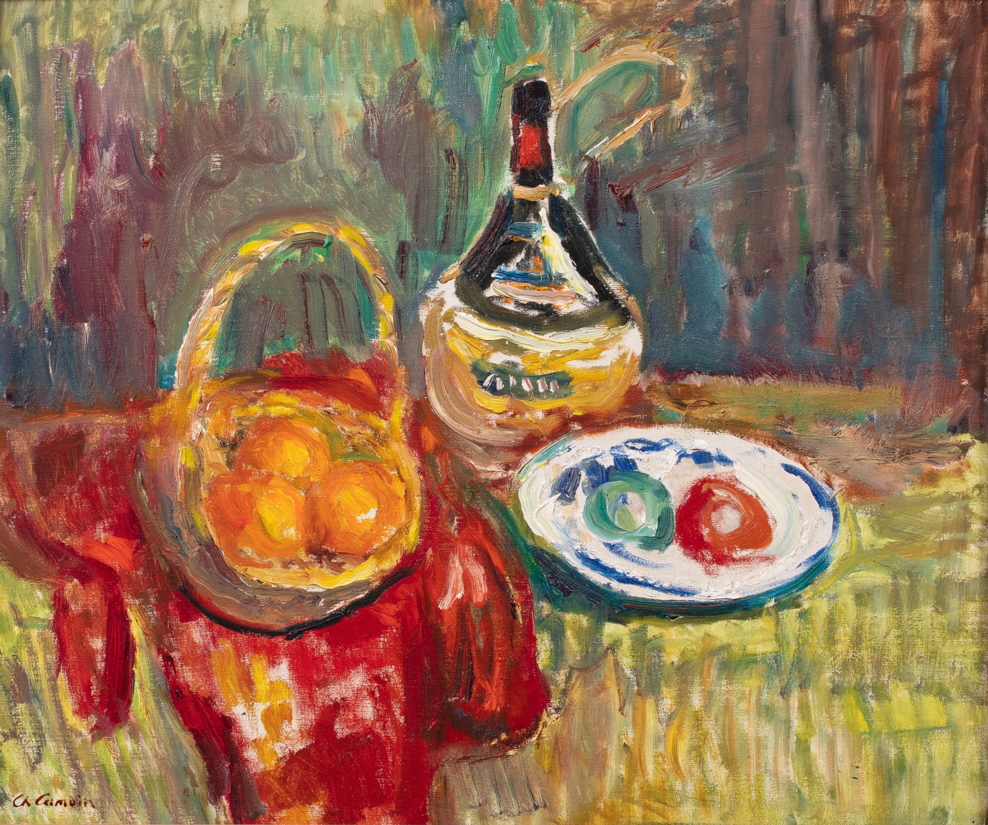 Panier de fruits et fiasque italienne