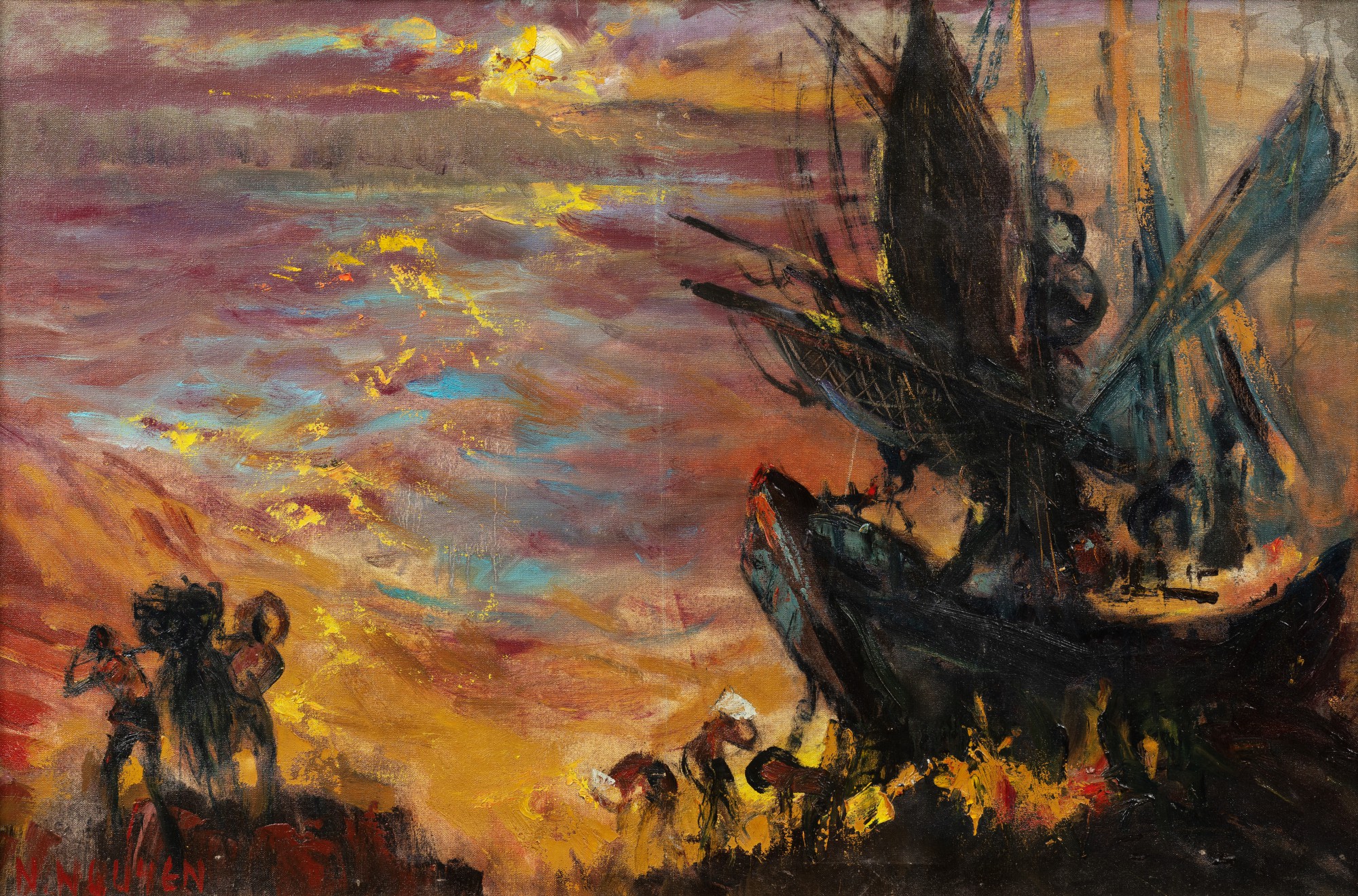 Nguyen Nguyen (20th century) — 西貢美術學院 (1955-1975),  黎明捕魚圖