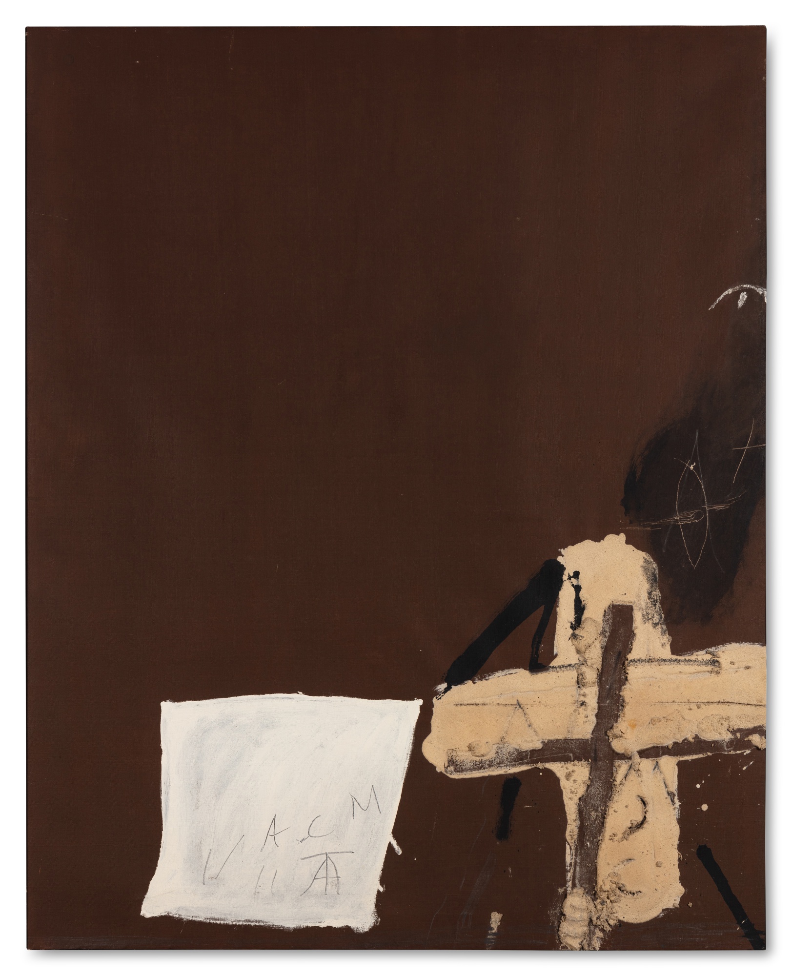 Antoni Tàpies — Croix Ocre et Blanc sur Marron