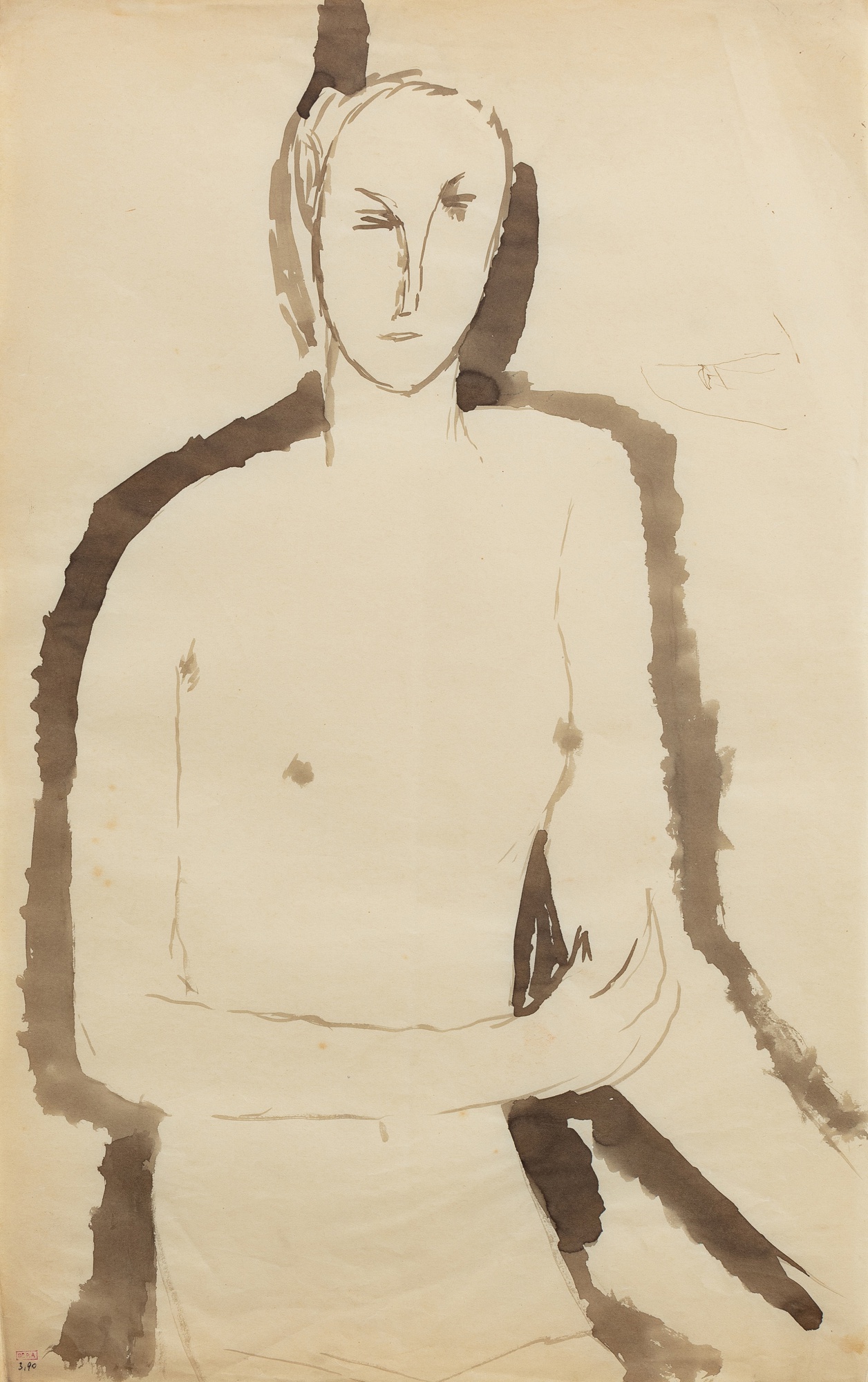 Femme nue assise de face, vue jusqu'au haut des cuisses, bras droit replié, main droite au niveau du coude gauche